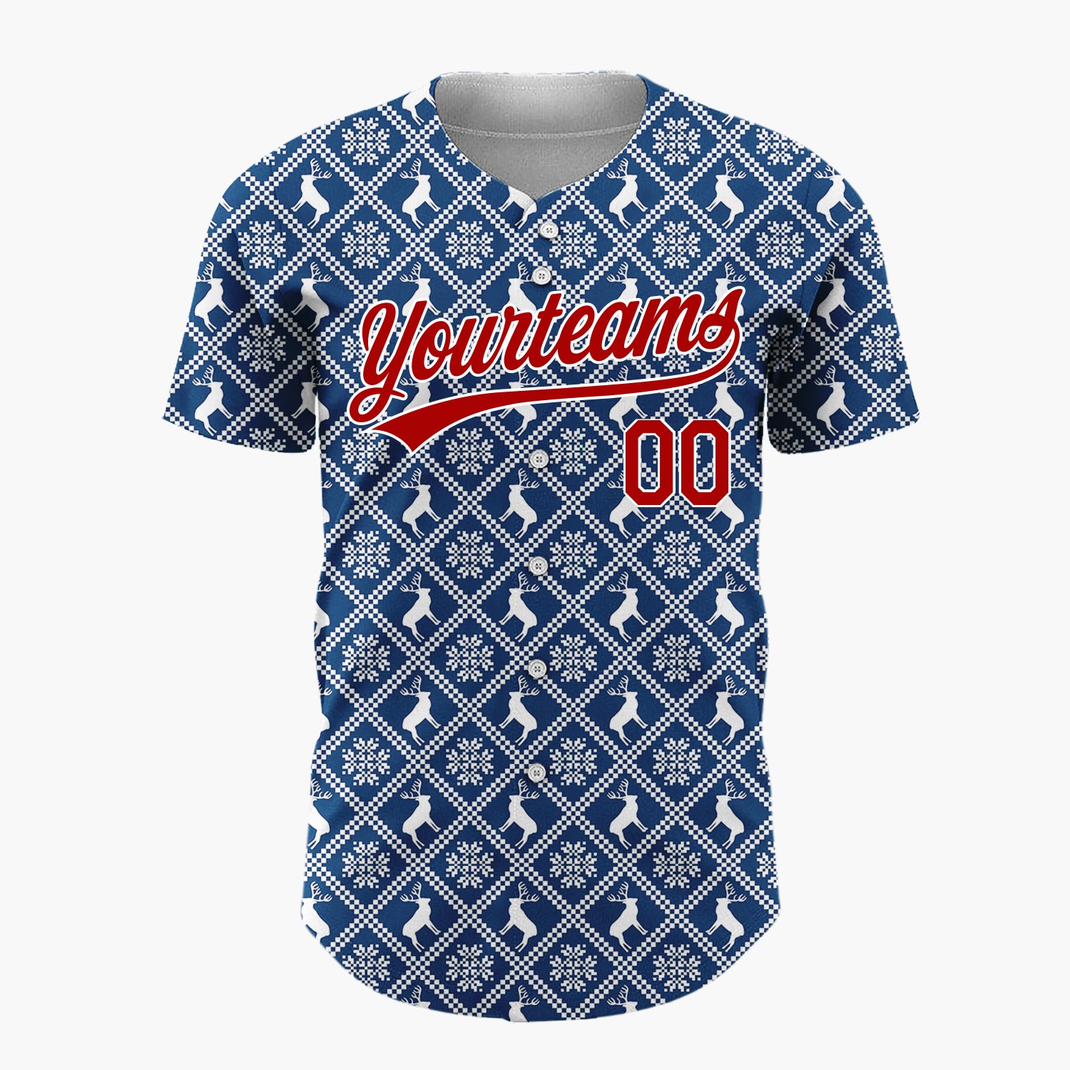 Custom Dark Blue Reindeer and Geometric Square Nordic Fair Isle Pattern Christmas Baseball Jersey