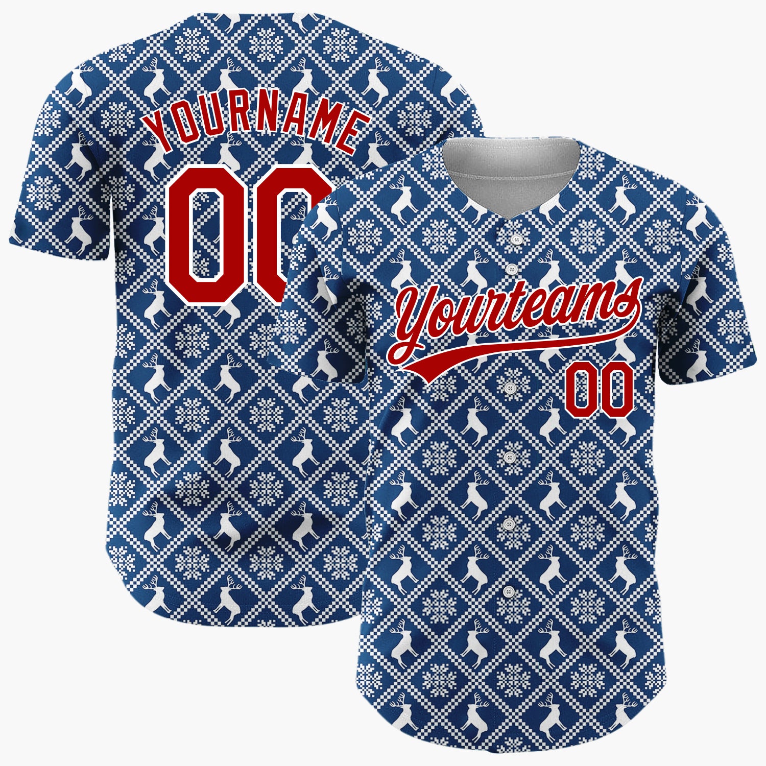 Custom Dark Blue Reindeer and Geometric Square Nordic Fair Isle Pattern Christmas Baseball Jersey