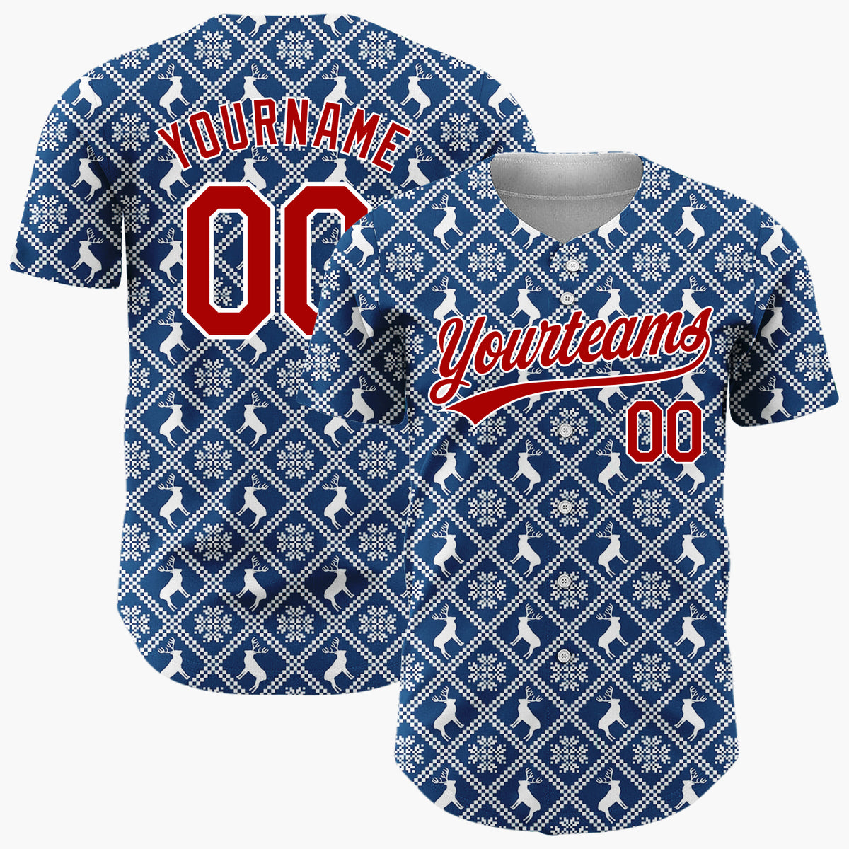 Custom Dark Blue Reindeer and Geometric Square Nordic Fair Isle Pattern Christmas Baseball Jersey