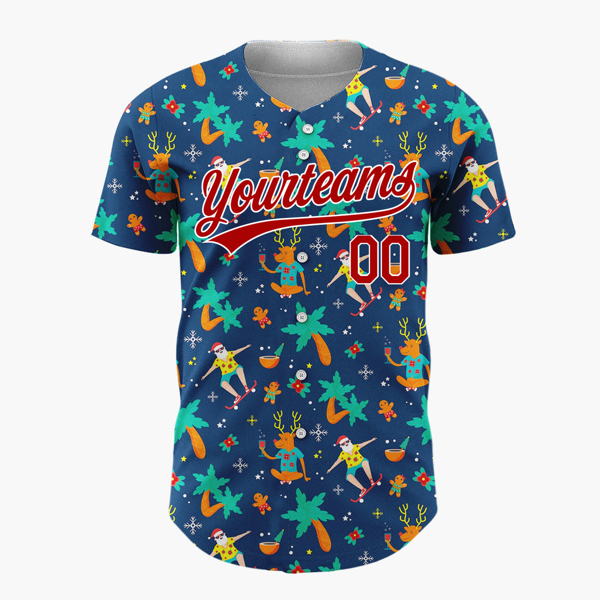 Custom Dark Blue Orange Summer Christmas Reindeer And Santa Surfers Novelty Pattern Christmas Baseball Jersey