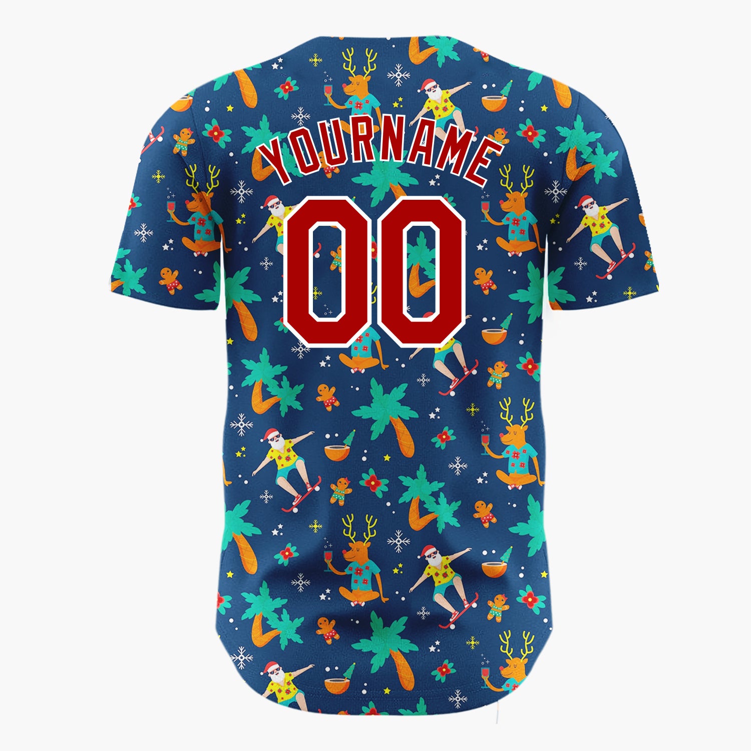Custom Dark Blue Orange Summer Christmas Reindeer And Santa Surfers Novelty Pattern Christmas Baseball Jersey