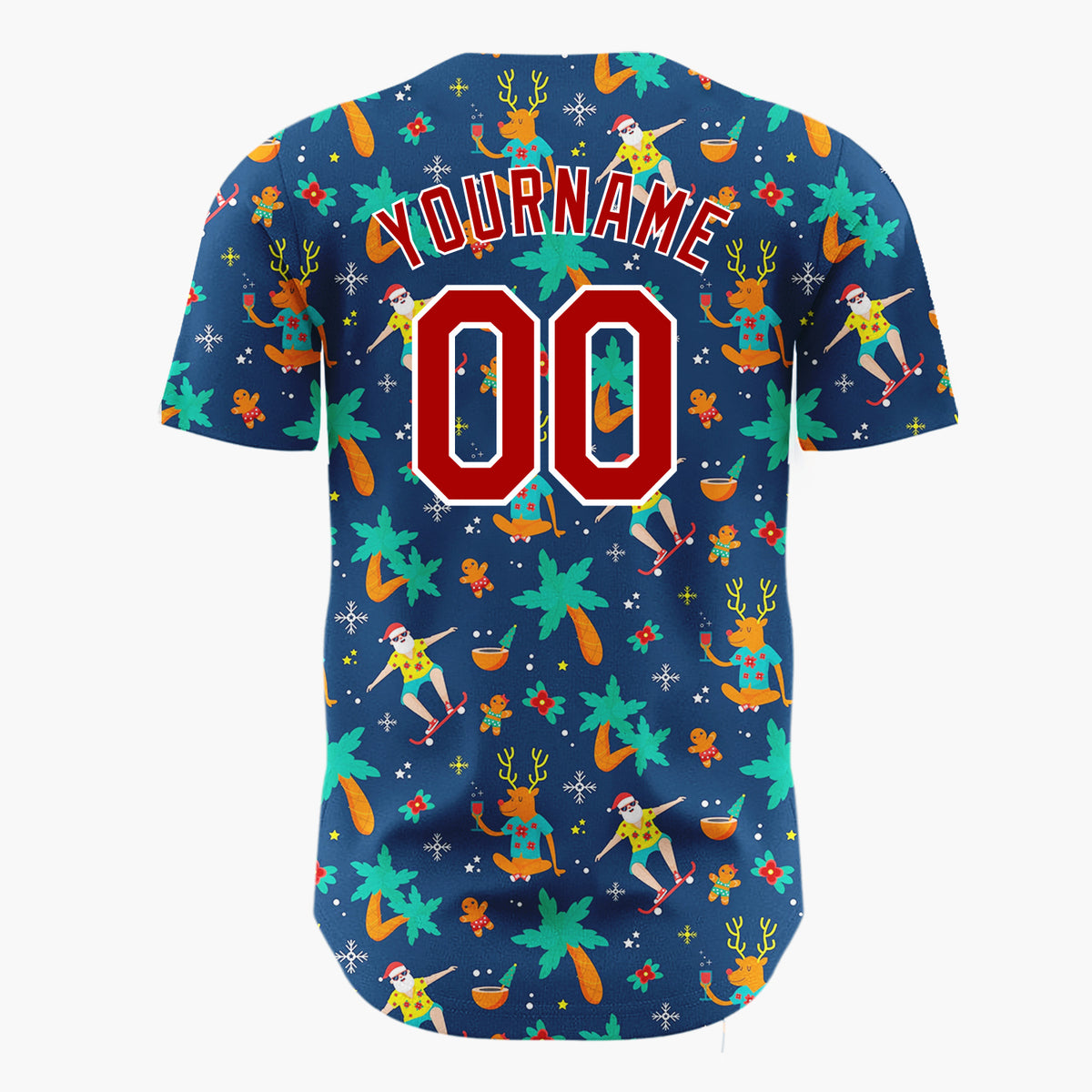 Custom Dark Blue Orange Summer Christmas Reindeer And Santa Surfers Novelty Pattern Christmas Baseball Jersey