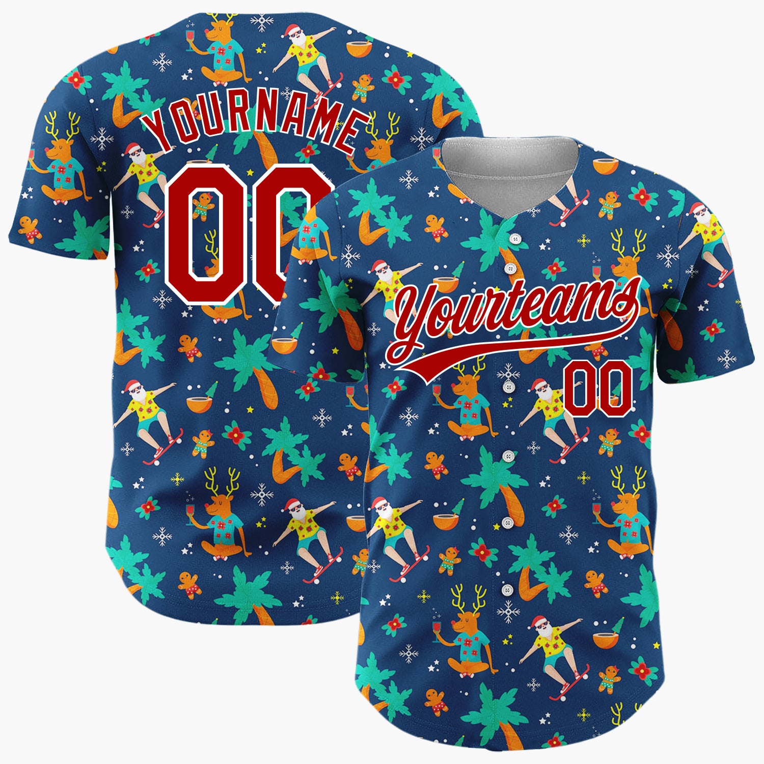 Custom Dark Blue Orange Summer Christmas Reindeer And Santa Surfers Novelty Pattern Christmas Baseball Jersey