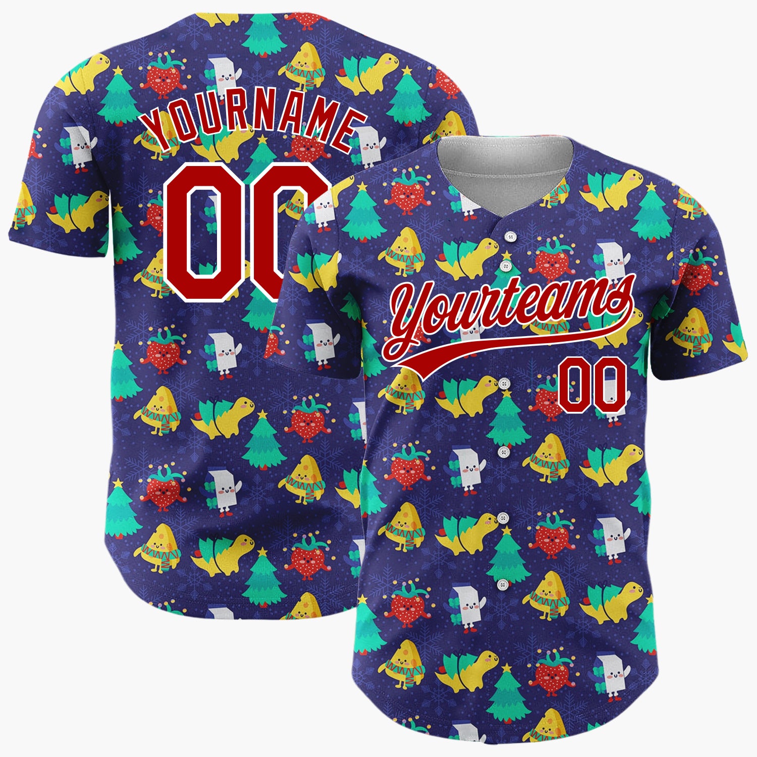 Custom Dark Blue Multicolor Dinosaur Character Winter Christmas Baseball Jersey
