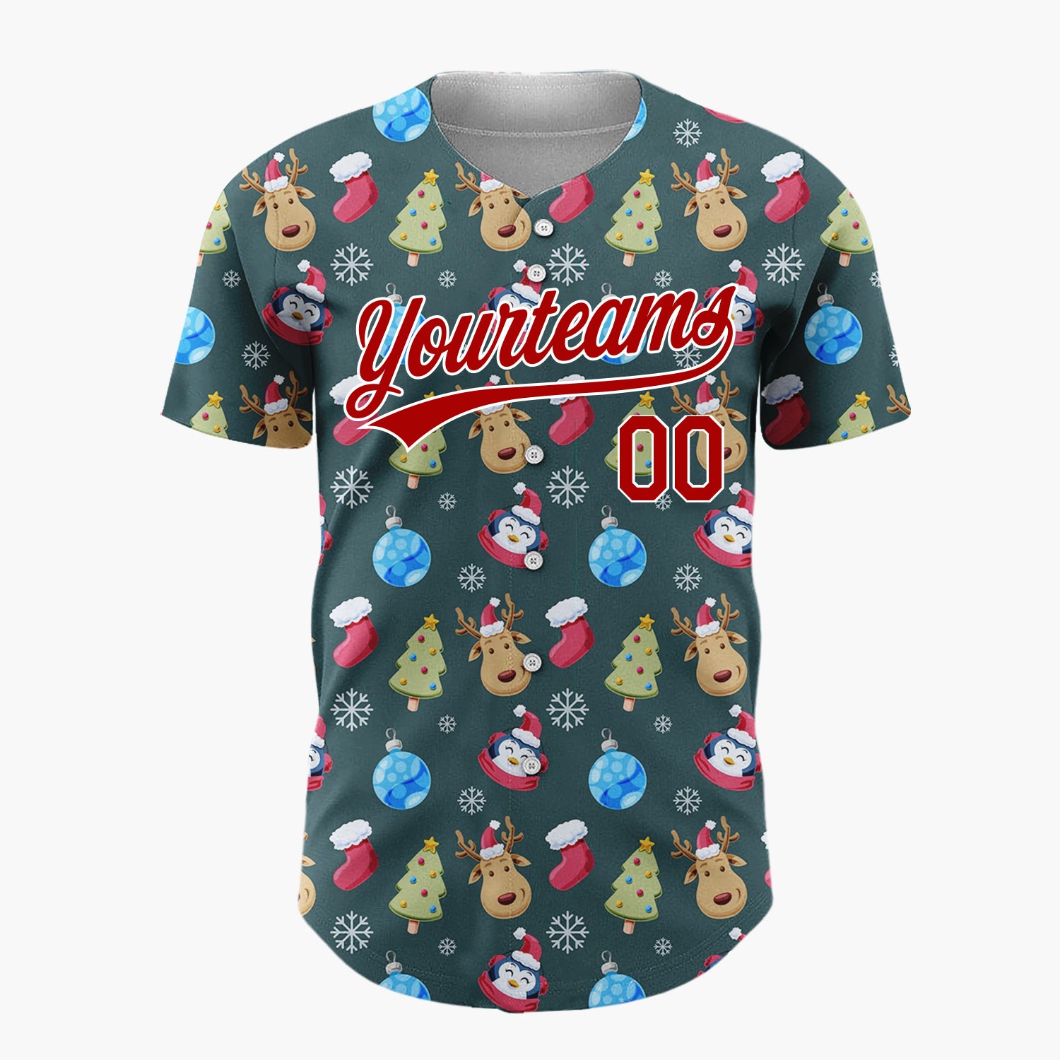 Custom Dark Green Blue Reindeers Penguins And Christmas Trees Cute Holiday Pattern Christmas Baseball Jersey
