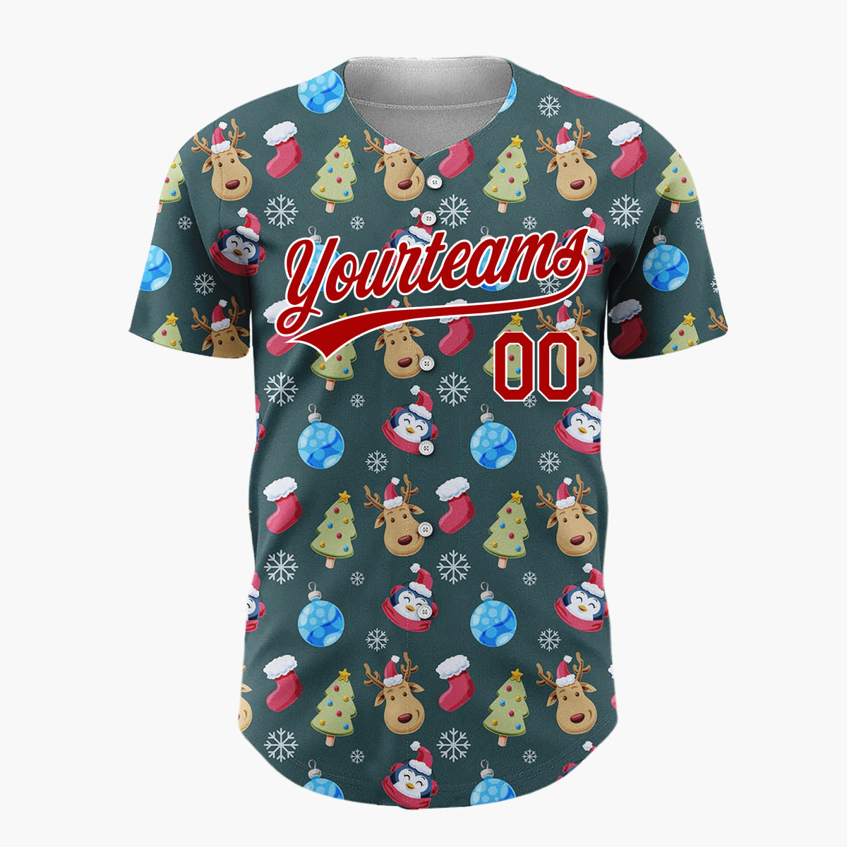 Custom Dark Green Blue Reindeers Penguins And Christmas Trees Cute Holiday Pattern Christmas Baseball Jersey