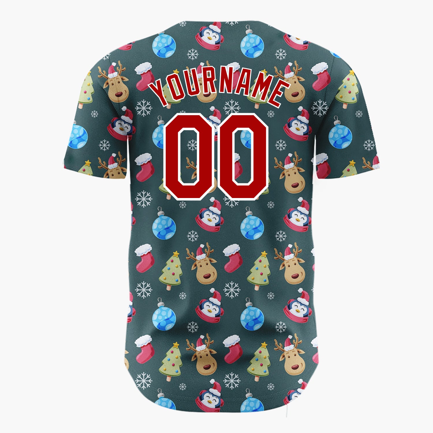 Custom Dark Green Blue Reindeers Penguins And Christmas Trees Cute Holiday Pattern Christmas Baseball Jersey