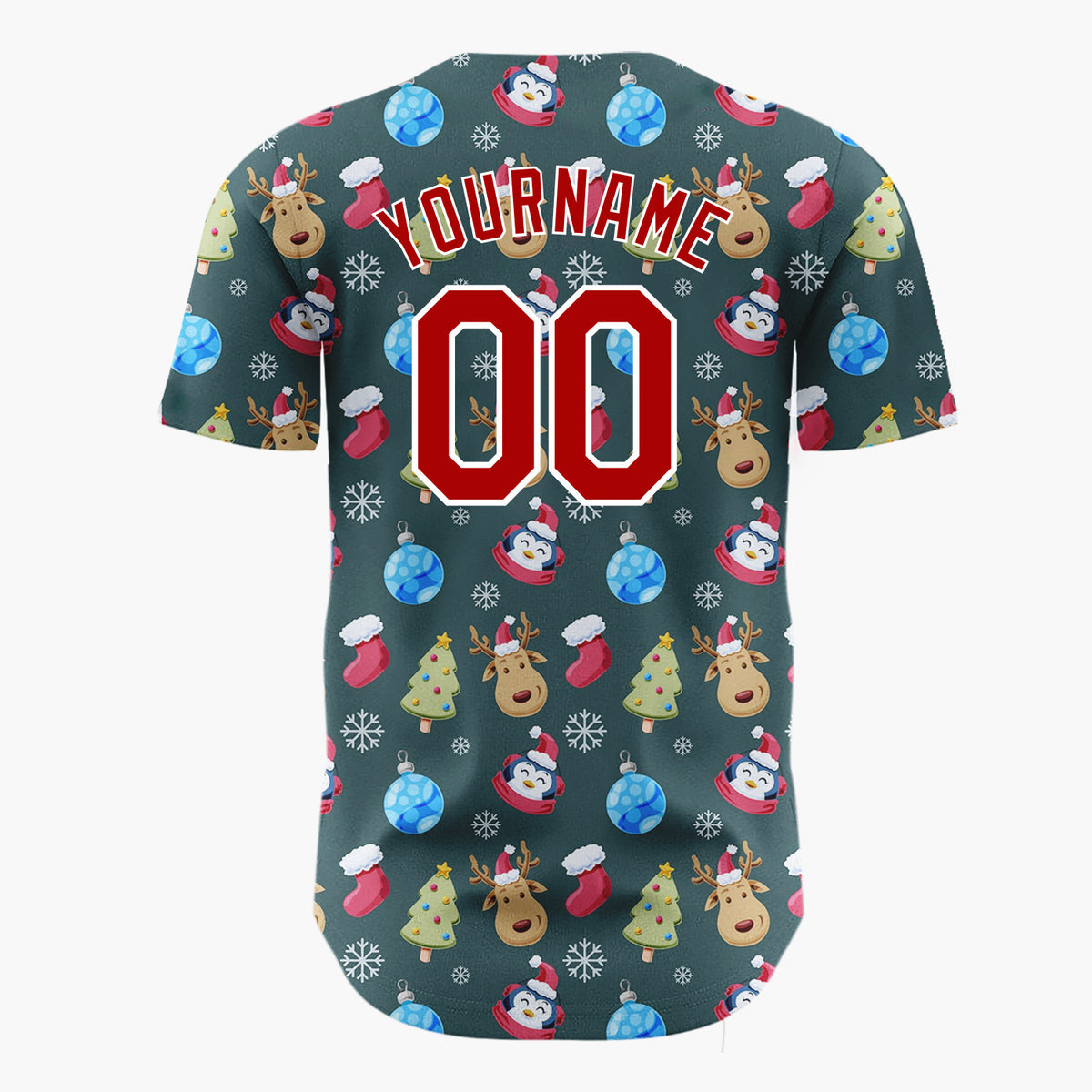 Custom Dark Green Blue Reindeers Penguins And Christmas Trees Cute Holiday Pattern Christmas Baseball Jersey