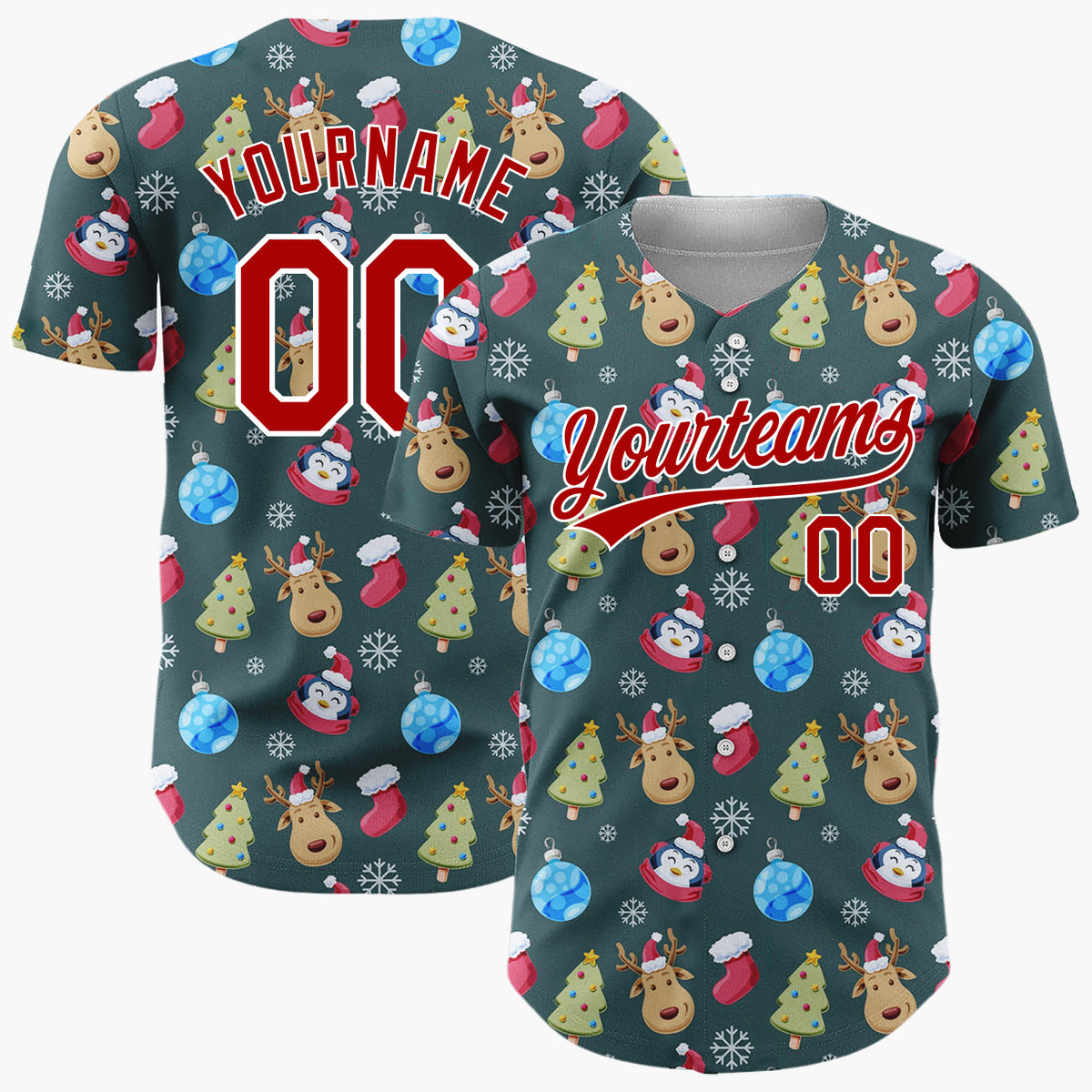 Custom Dark Green Blue Reindeers Penguins And Christmas Trees Cute Holiday Pattern Christmas Baseball Jersey