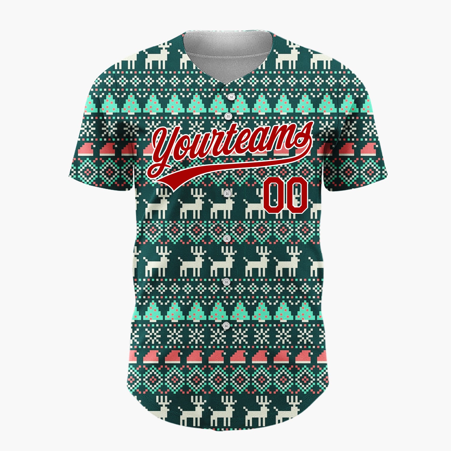 Custom Dark Green Nordic Reindeer And Trees Knitted Christmas Baseball Jersey