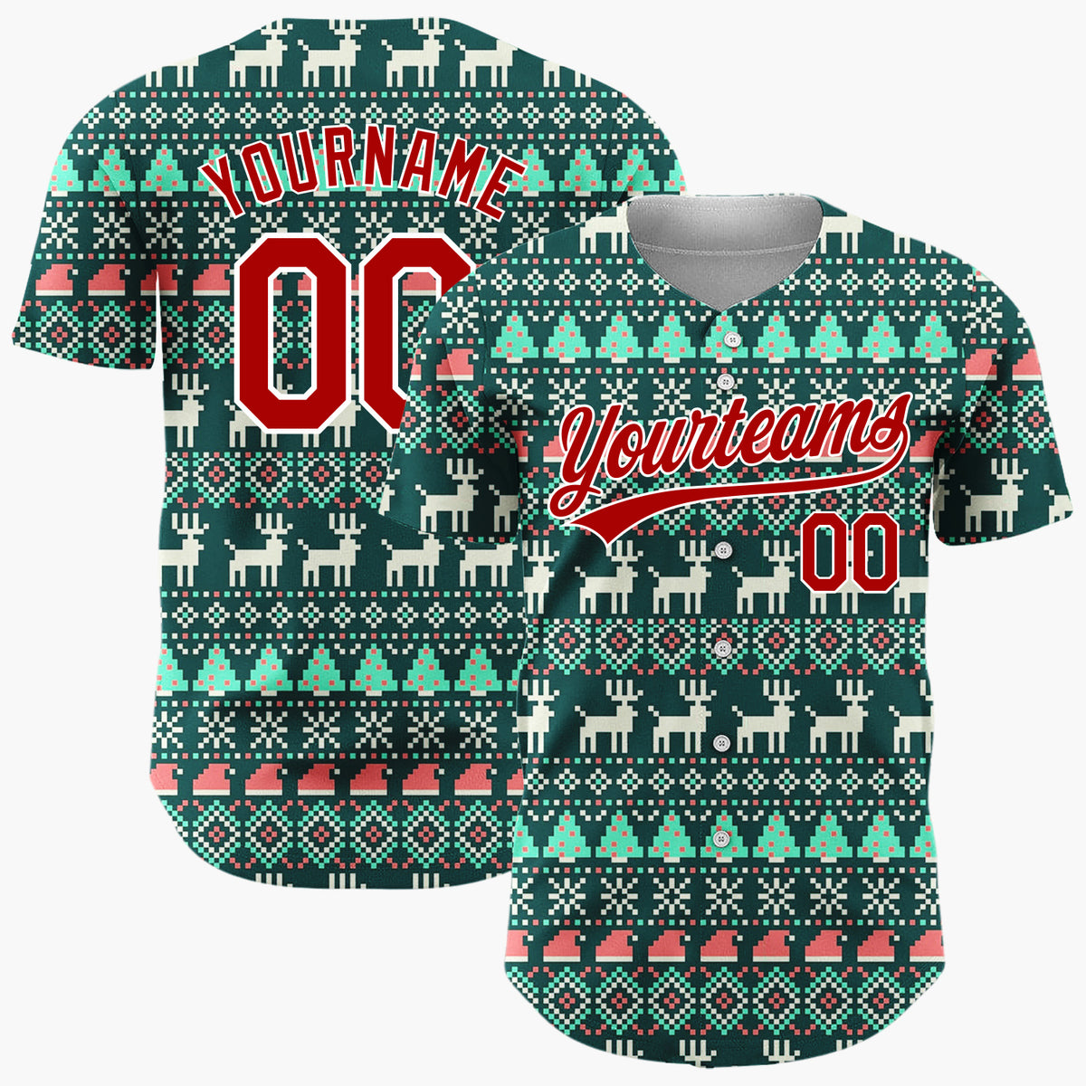 Custom Dark Green Nordic Reindeer And Trees Knitted Christmas Baseball Jersey