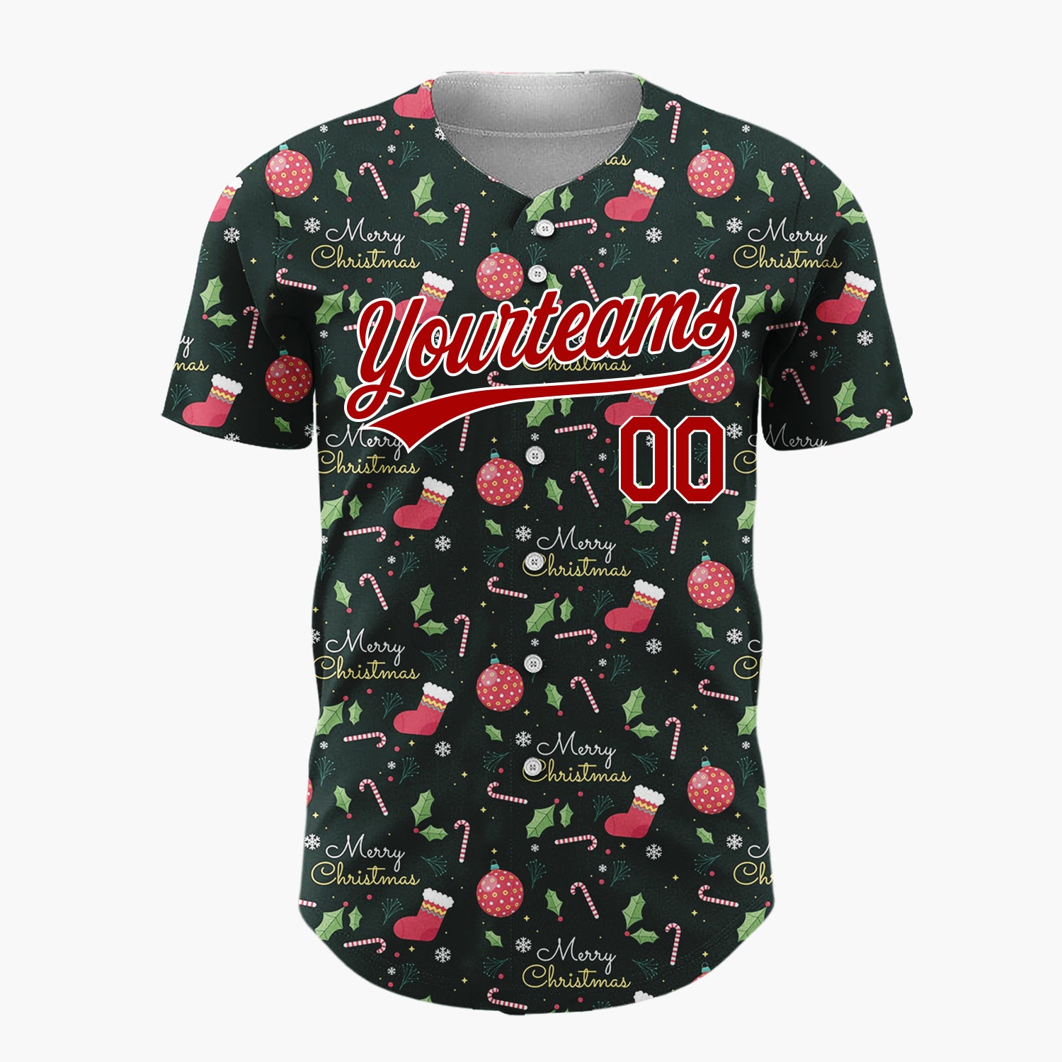 Custom Dark Green Merry Christmas Text Foliage Cartoon Pattern Christmas Baseball Jersey