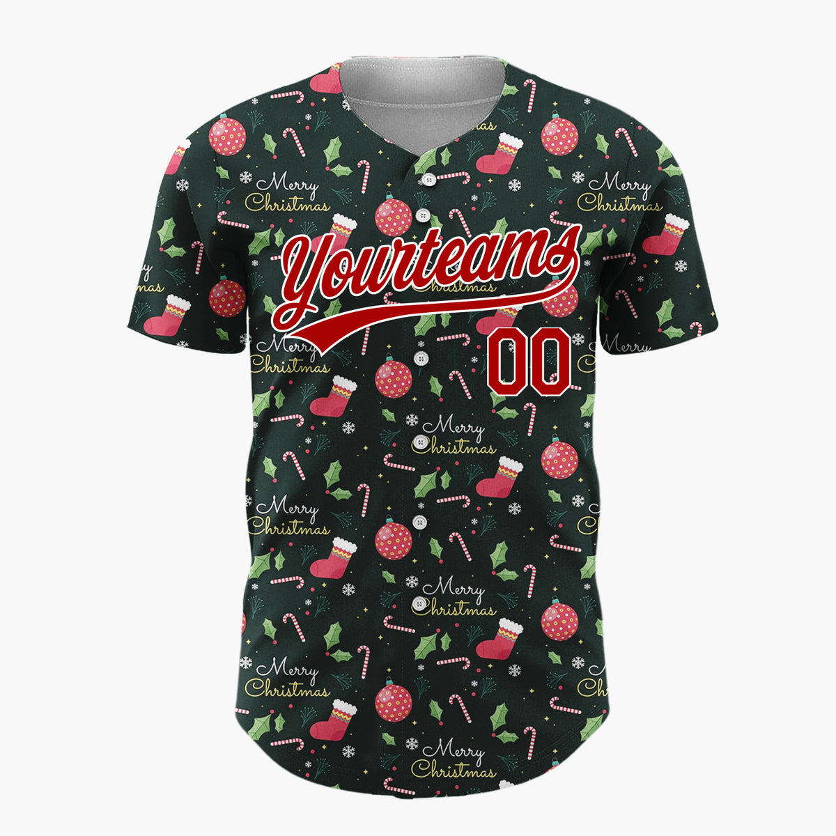 Custom Dark Green Merry Christmas Text Foliage Cartoon Pattern Christmas Baseball Jersey