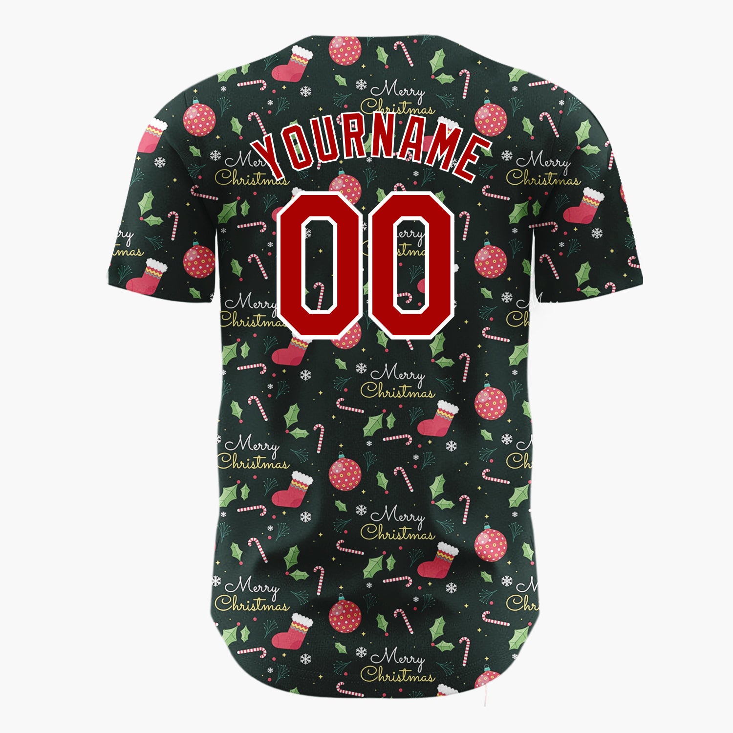 Custom Dark Green Merry Christmas Text Foliage Cartoon Pattern Christmas Baseball Jersey