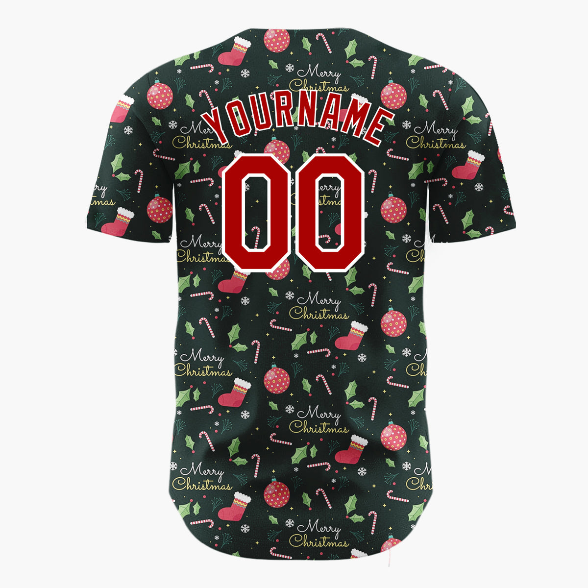 Custom Dark Green Merry Christmas Text Foliage Cartoon Pattern Christmas Baseball Jersey