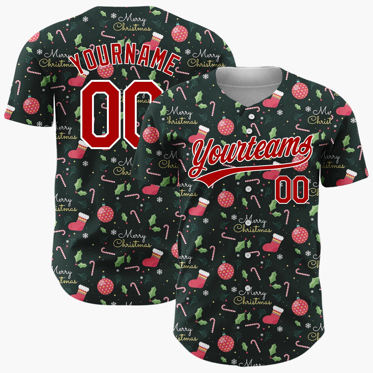 Custom Dark Green Merry Christmas Text Foliage Cartoon Pattern Christmas Baseball Jersey