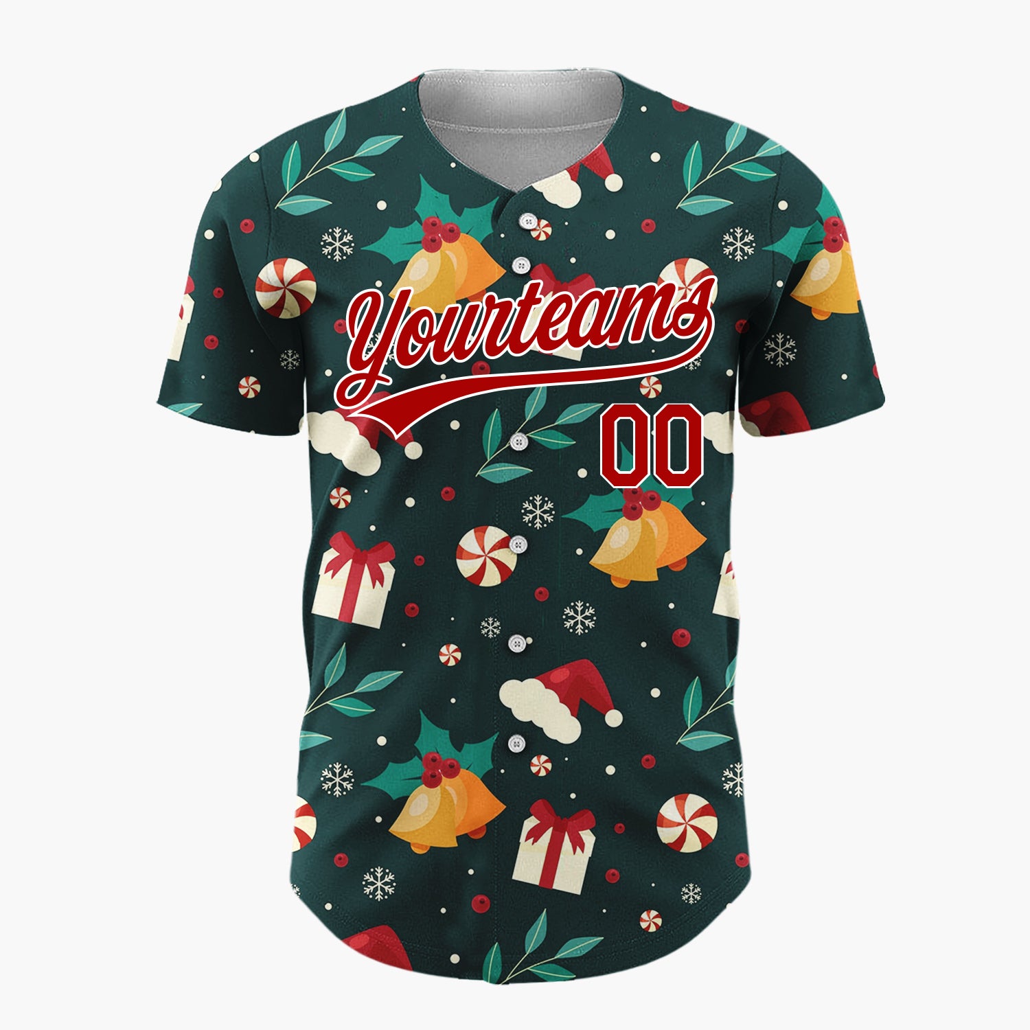 Custom Dark Green Holly Berries Festive Christmas Cartoon Pattern Christmas Baseball Jersey