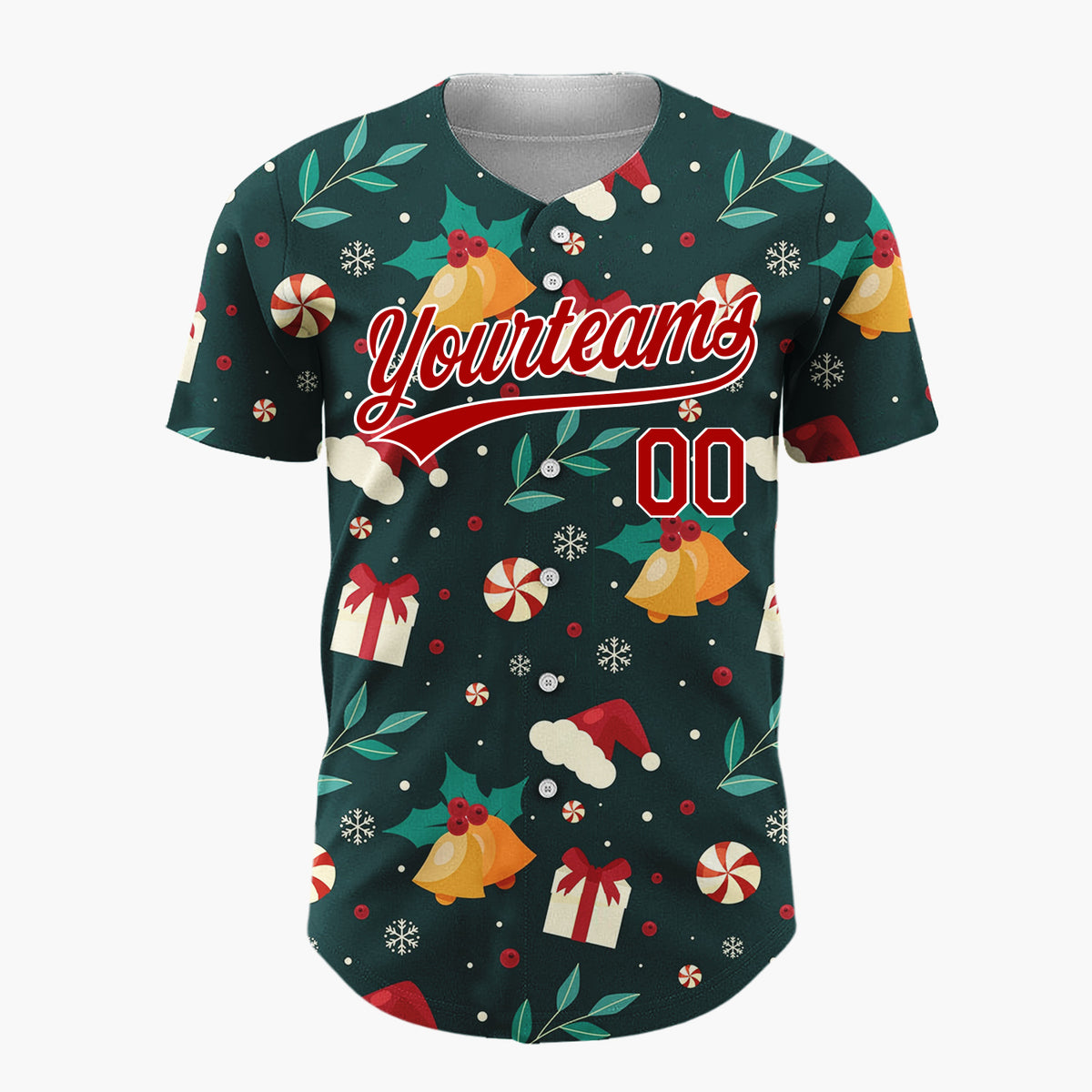 Custom Dark Green Holly Berries Festive Christmas Cartoon Pattern Christmas Baseball Jersey