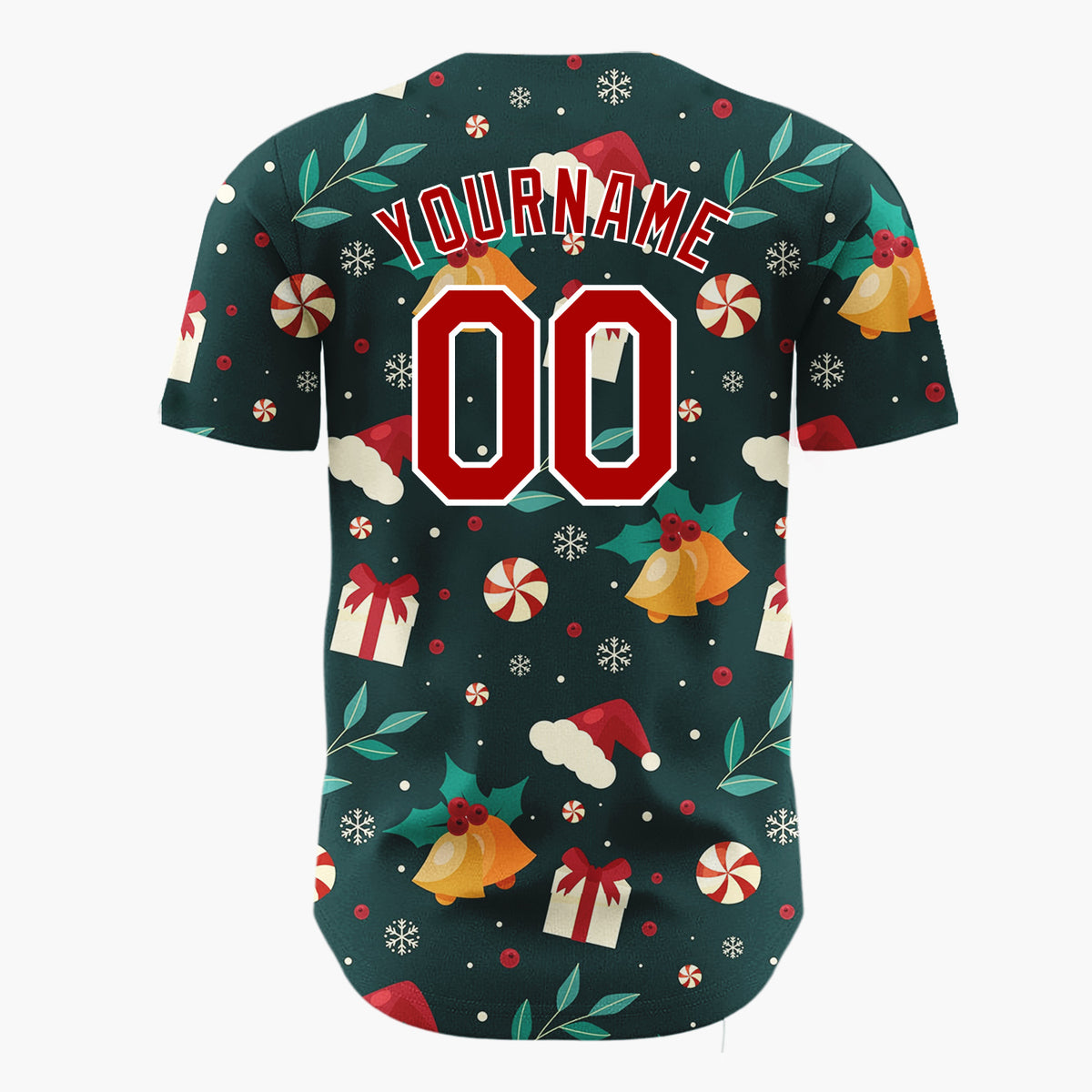 Custom Dark Green Holly Berries Festive Christmas Cartoon Pattern Christmas Baseball Jersey