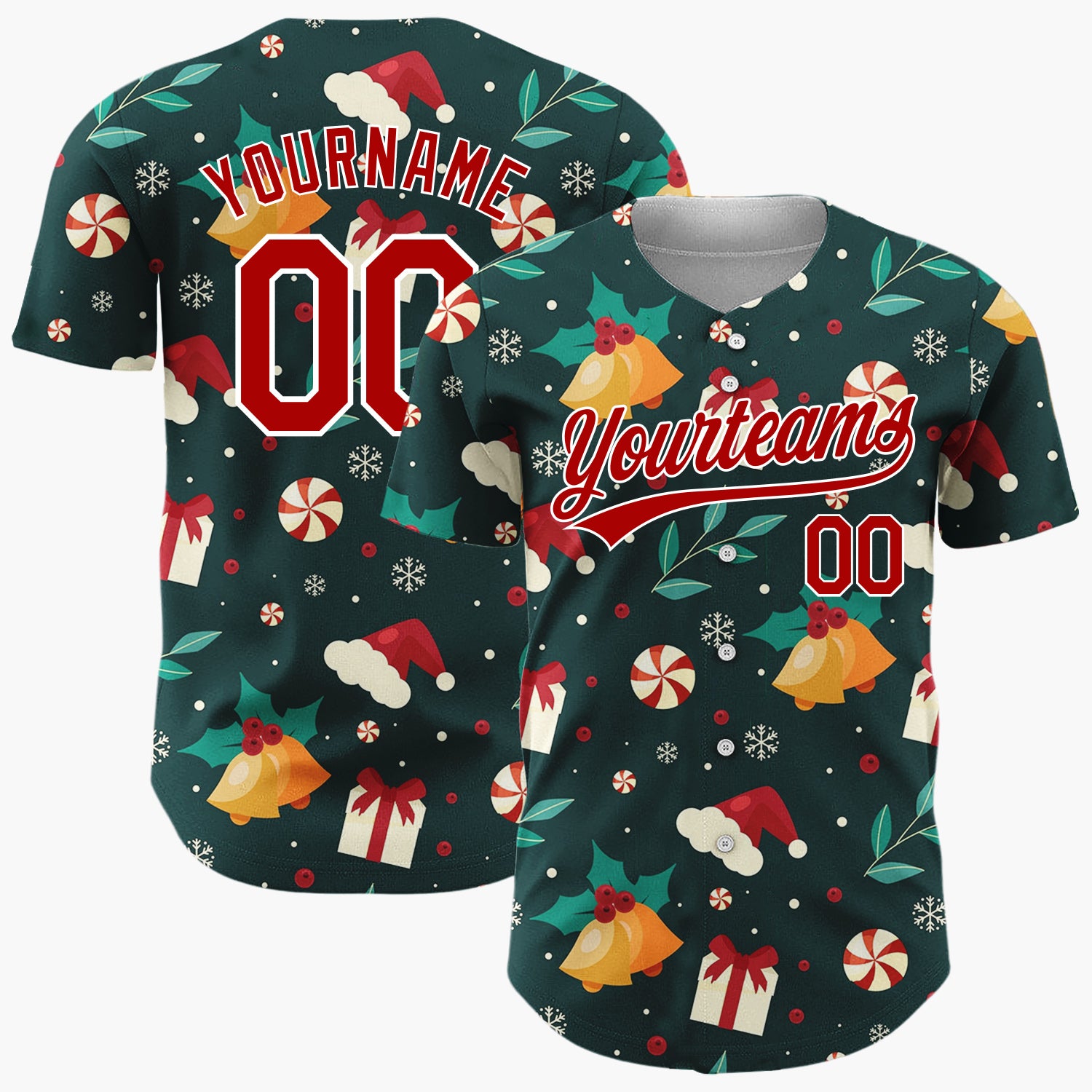Custom Dark Green Holly Berries Festive Christmas Cartoon Pattern Christmas Baseball Jersey