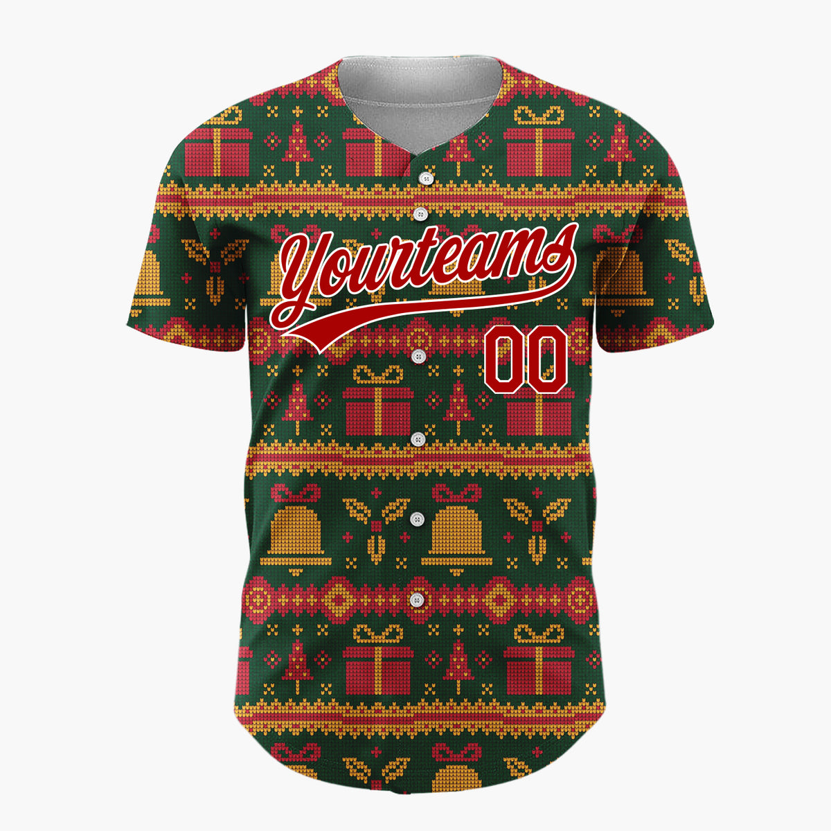 Custom Dark Green Gifts Bells Traditional Knitted Pattern Christmas Baseball Jersey