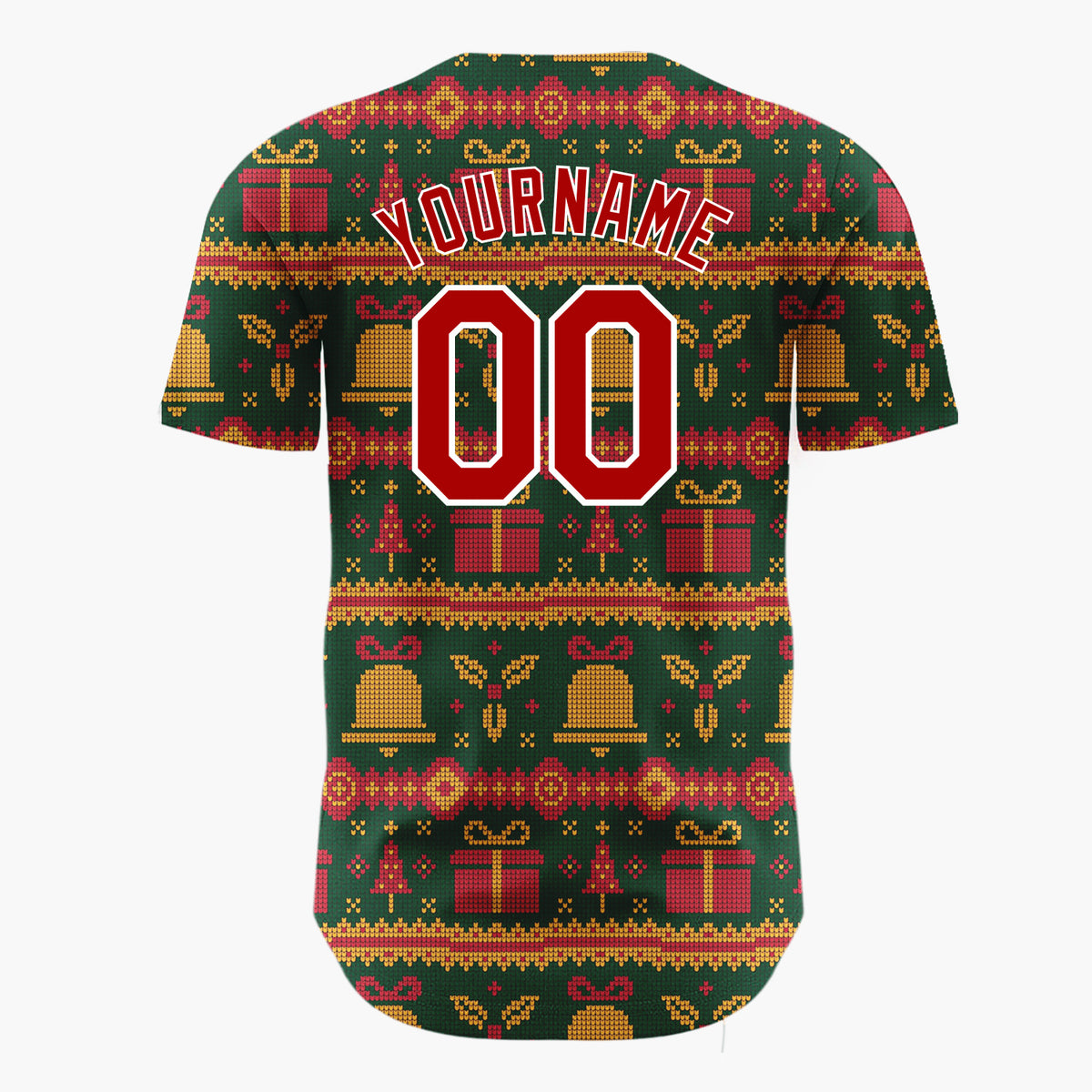 Custom Dark Green Gifts Bells Traditional Knitted Pattern Christmas Baseball Jersey