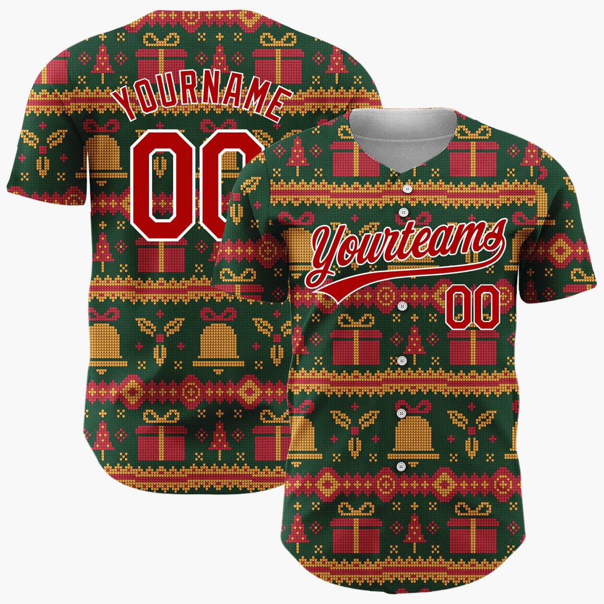 Custom Dark Green Gifts Bells Traditional Knitted Pattern Christmas Baseball Jersey