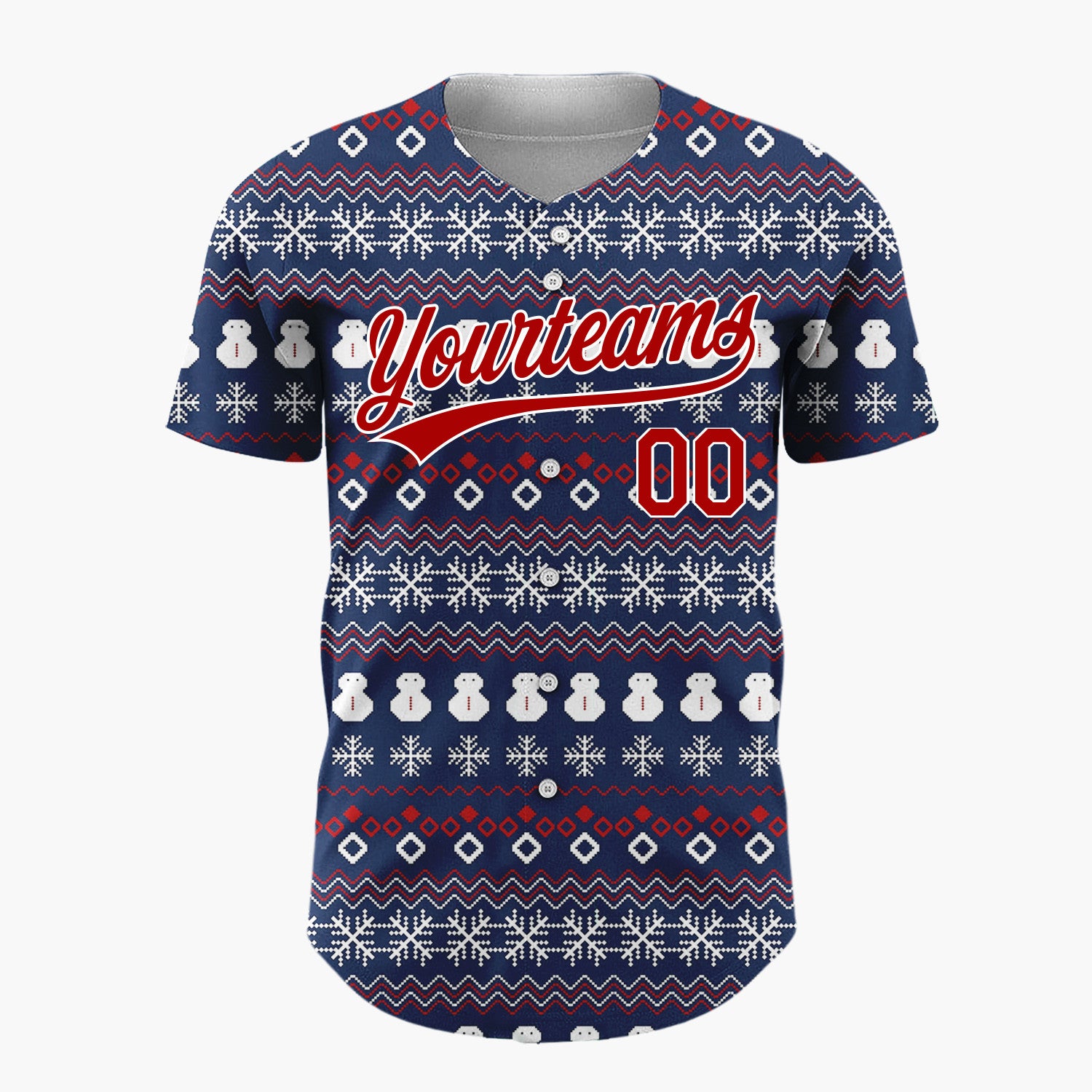 Custom Dark Blue White Snowmen And Snowflakes Knit Pattern Christmas Baseball Jersey