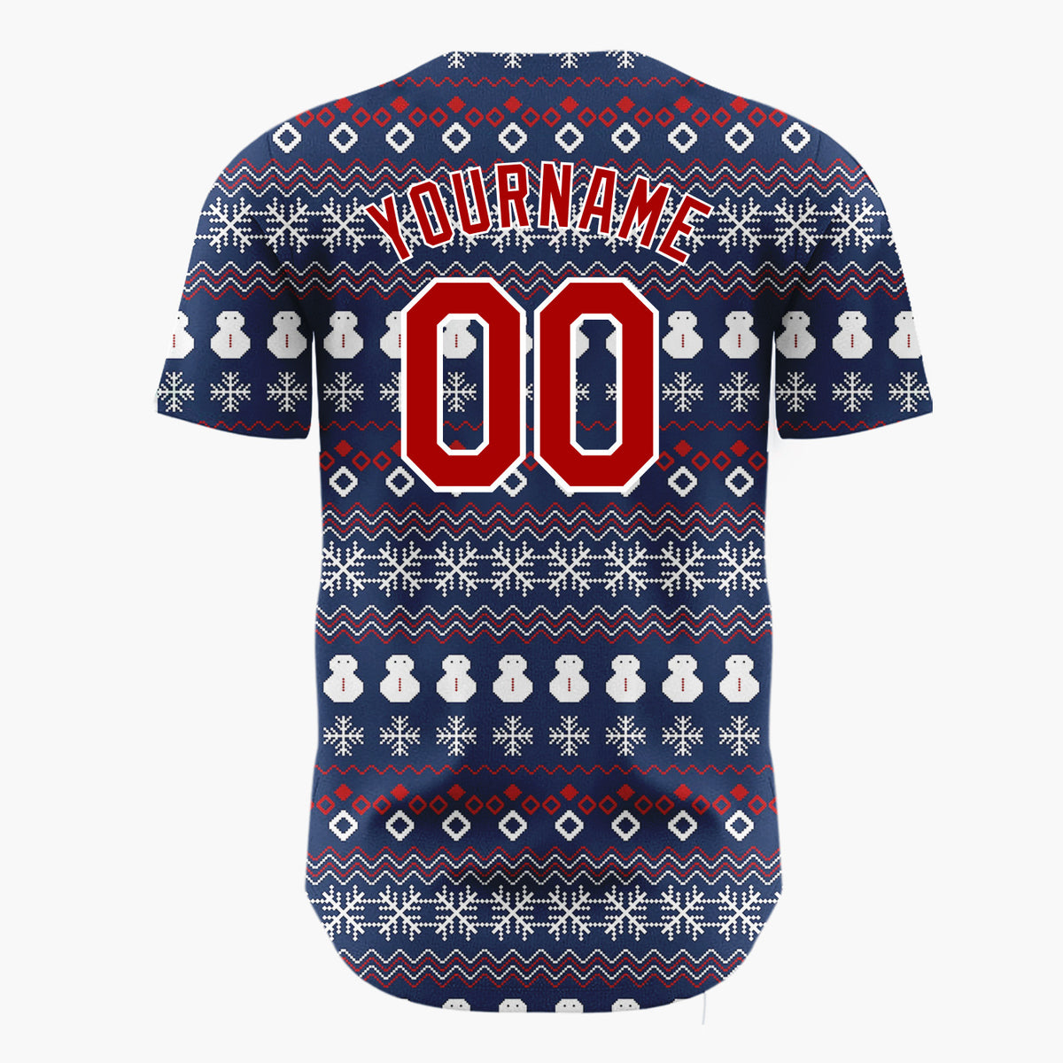 Custom Dark Blue White Snowmen And Snowflakes Knit Pattern Christmas Baseball Jersey