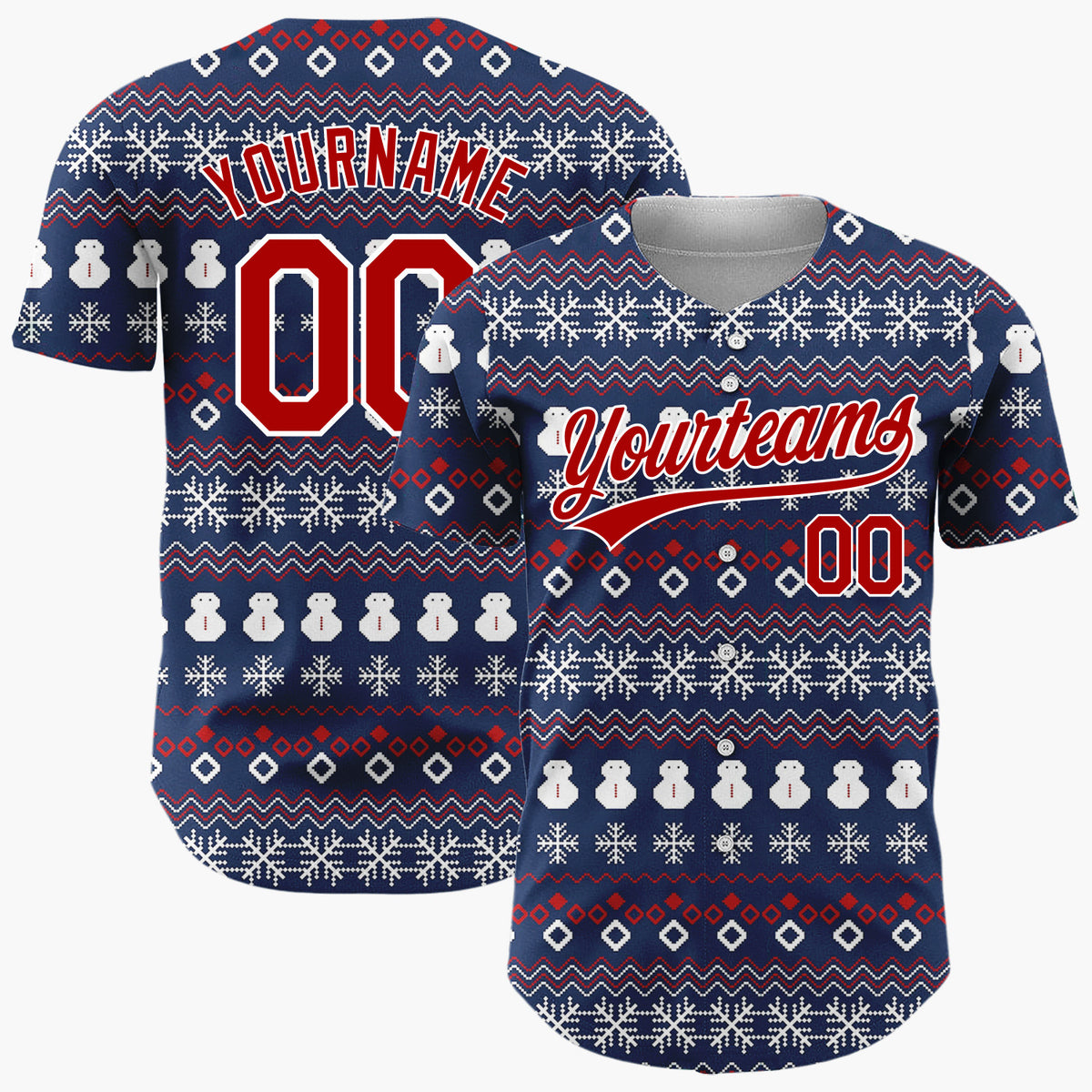 Custom Dark Blue White Snowmen And Snowflakes Knit Pattern Christmas Baseball Jersey