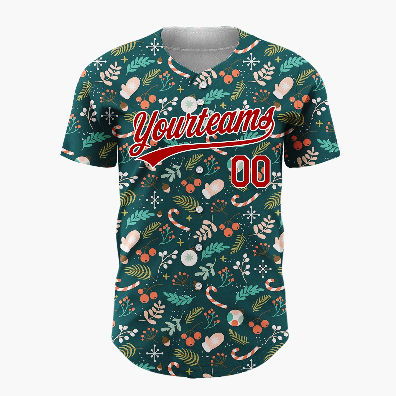 Custom Dark Green Christmas Foliage Berries Cartoon Pattern Christmas Baseball Jersey