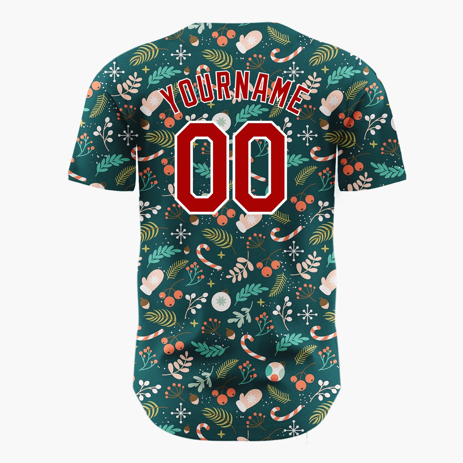 Custom Dark Green Christmas Foliage Berries Cartoon Pattern Christmas Baseball Jersey
