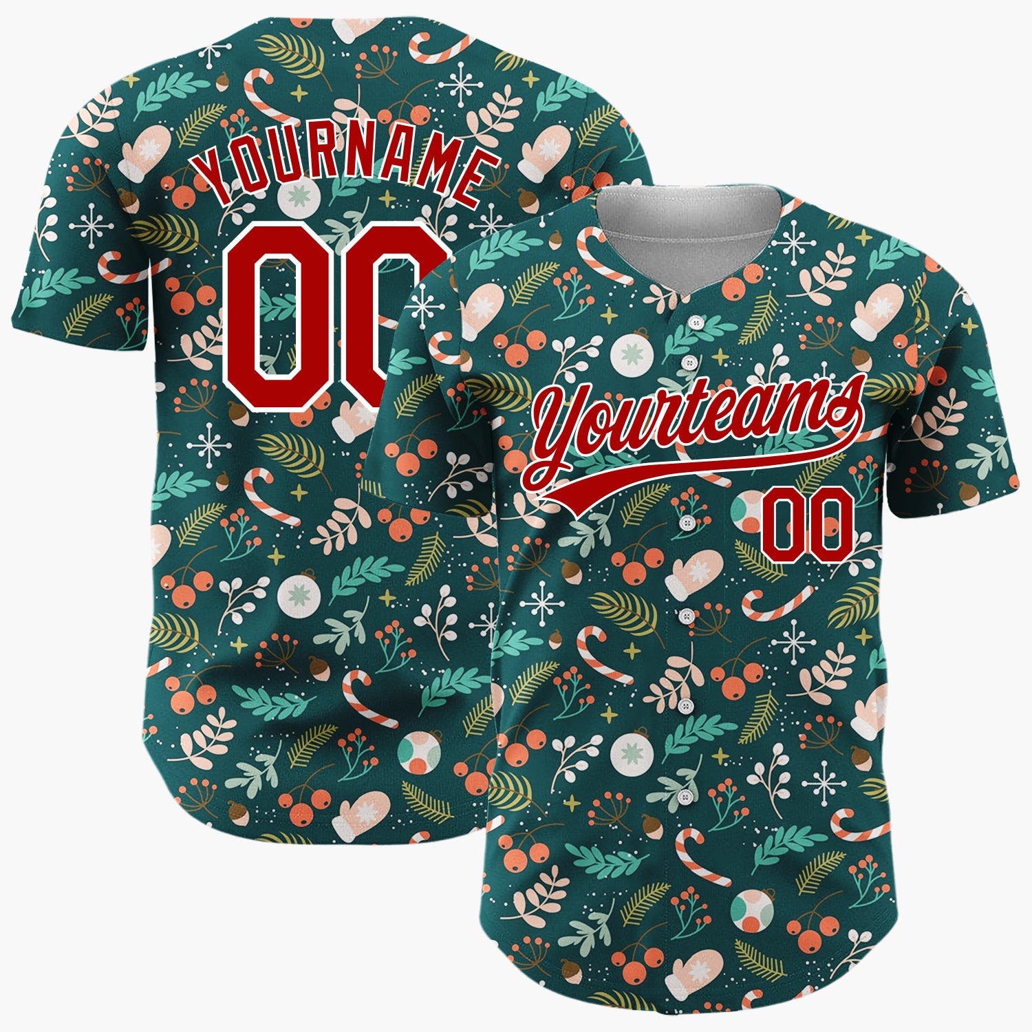 Custom Dark Green Christmas Foliage Berries Cartoon Pattern Christmas Baseball Jersey