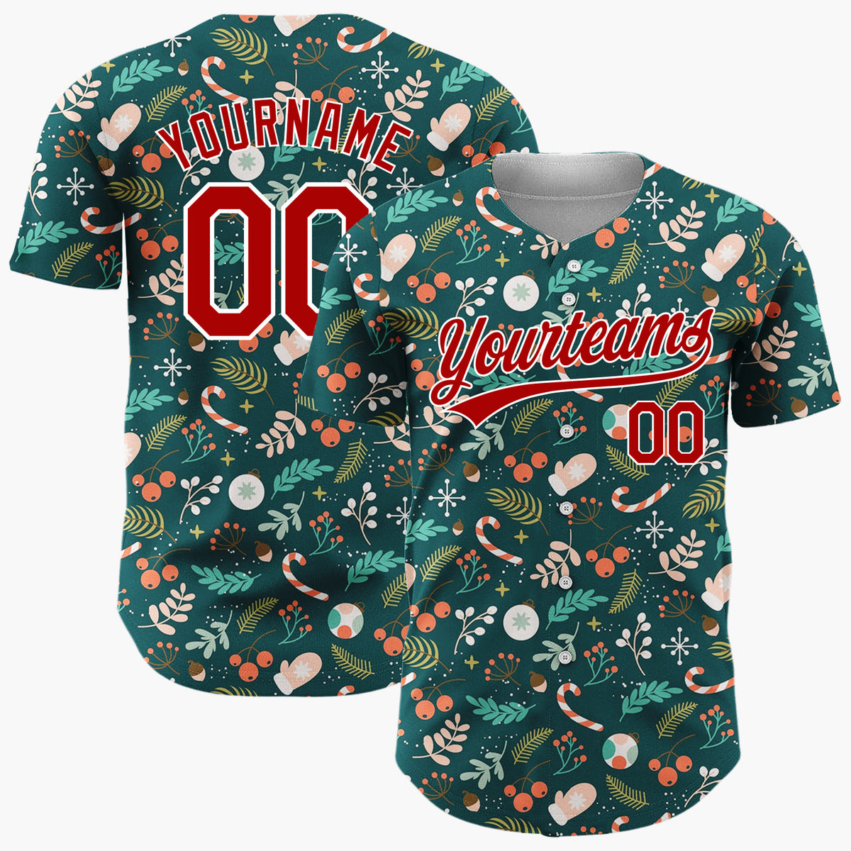 Custom Dark Green Christmas Foliage Berries Cartoon Pattern Christmas Baseball Jersey