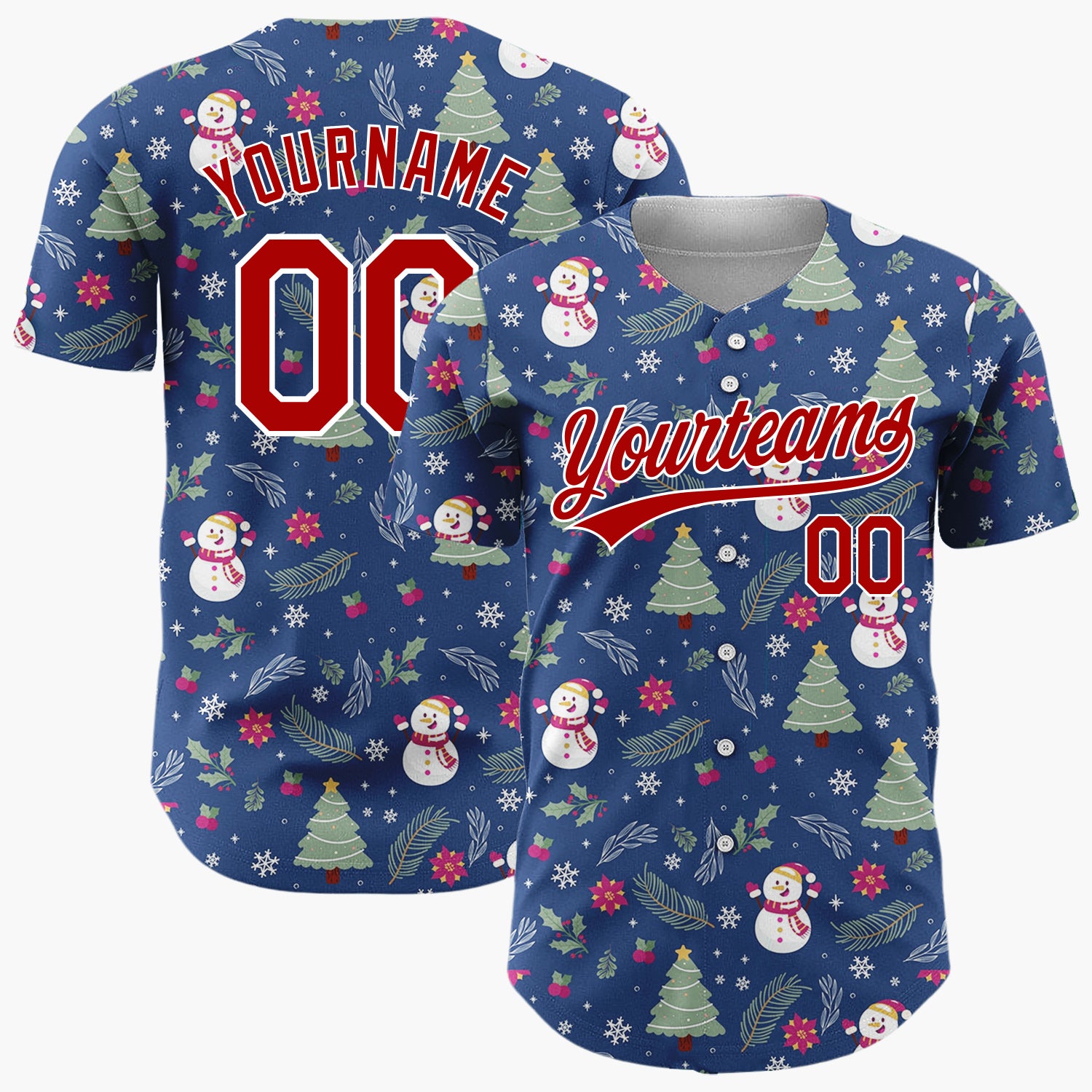 Custom Dark Blue Snowman Christmas Trees Cartoon Pattern Christmas Baseball Jersey