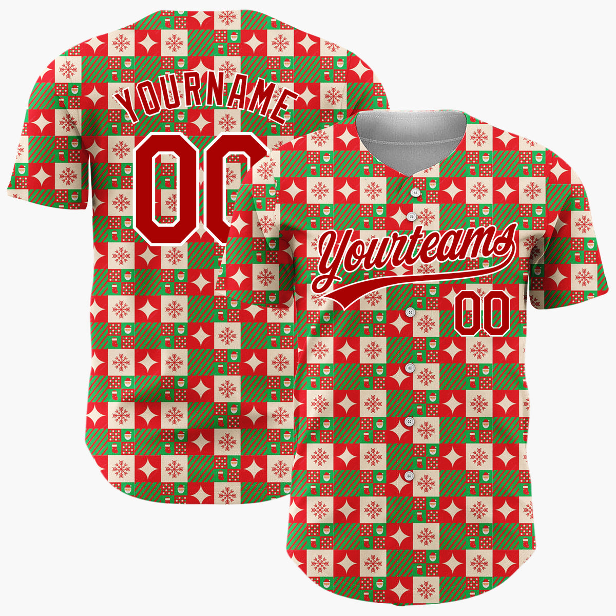Custom Dark Green Red Christmas Gift Boxes Plaid Pattern Christmas Baseball Jersey