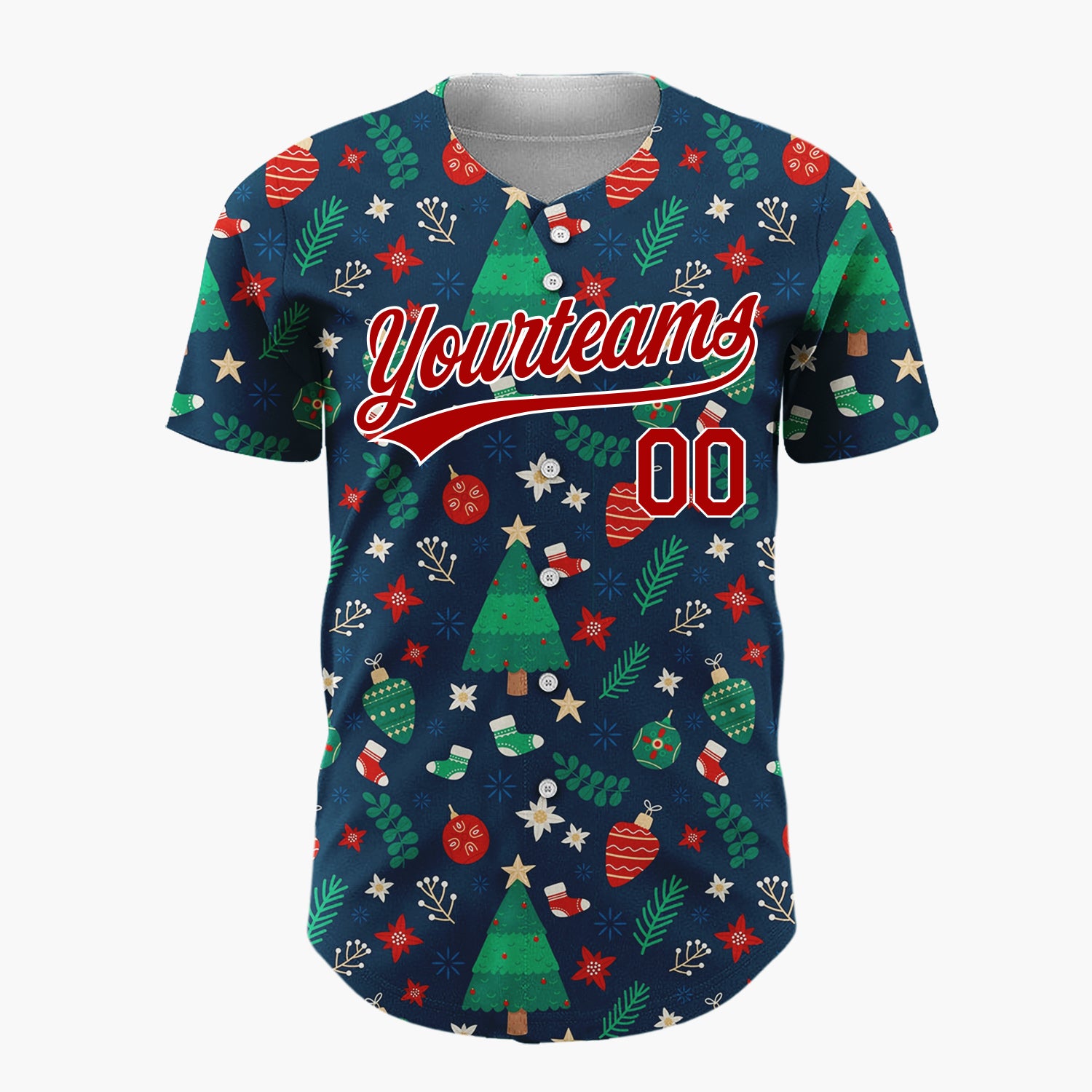 Custom Dark Green Christmas Tree Festive Holly Cartoon Pattern Christmas Baseball Jersey