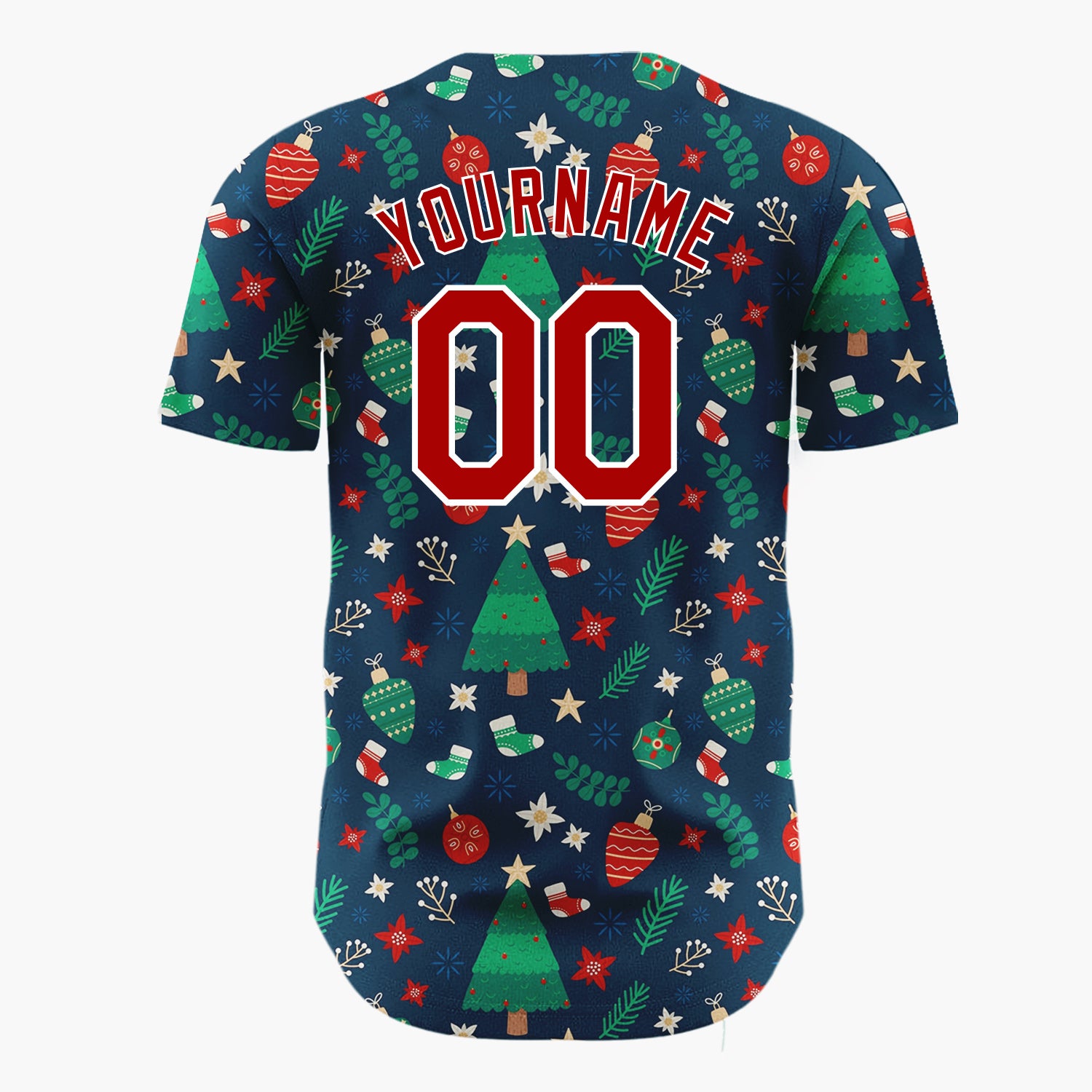 Custom Dark Green Christmas Tree Festive Holly Cartoon Pattern Christmas Baseball Jersey