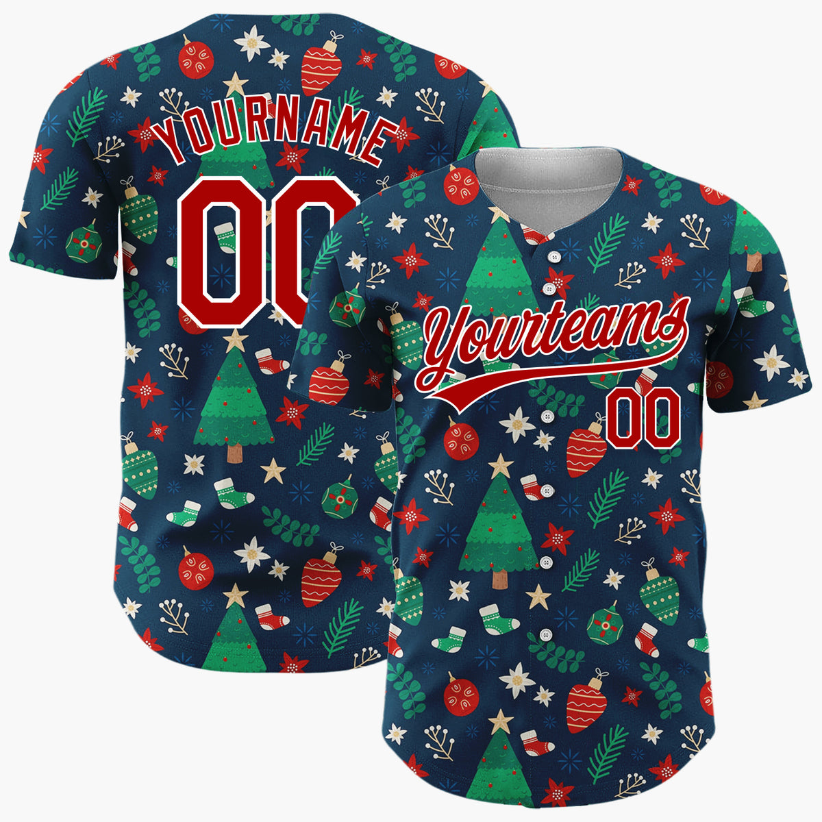 Custom Dark Green Christmas Tree Festive Holly Cartoon Pattern Christmas Baseball Jersey