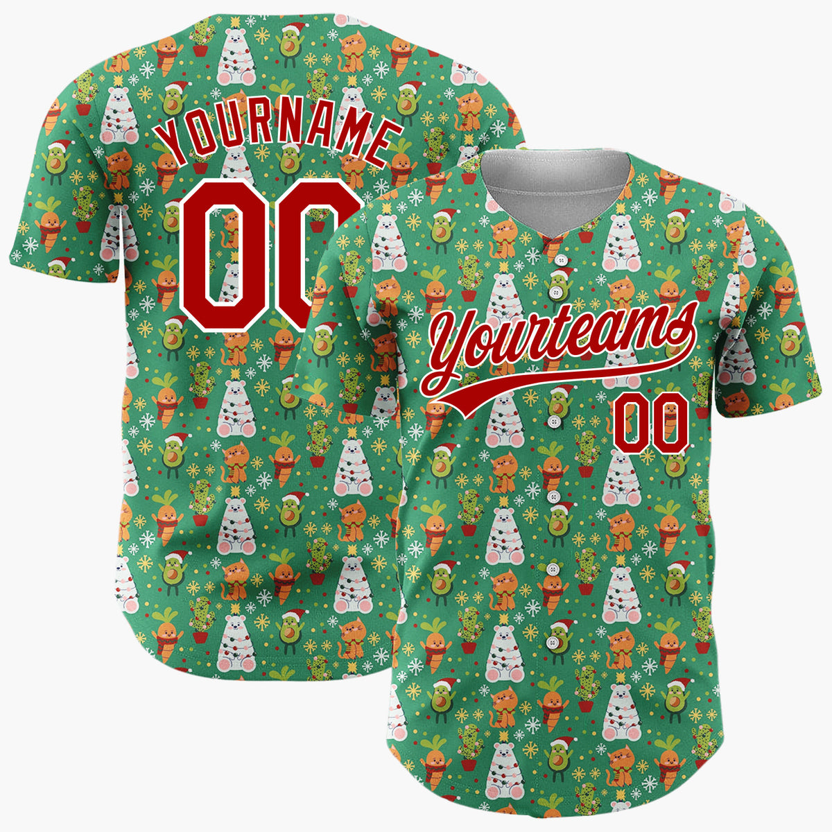 Custom Dark Green Christmas Trees Reindeer Cartoon Pattern Christmas Baseball Jersey