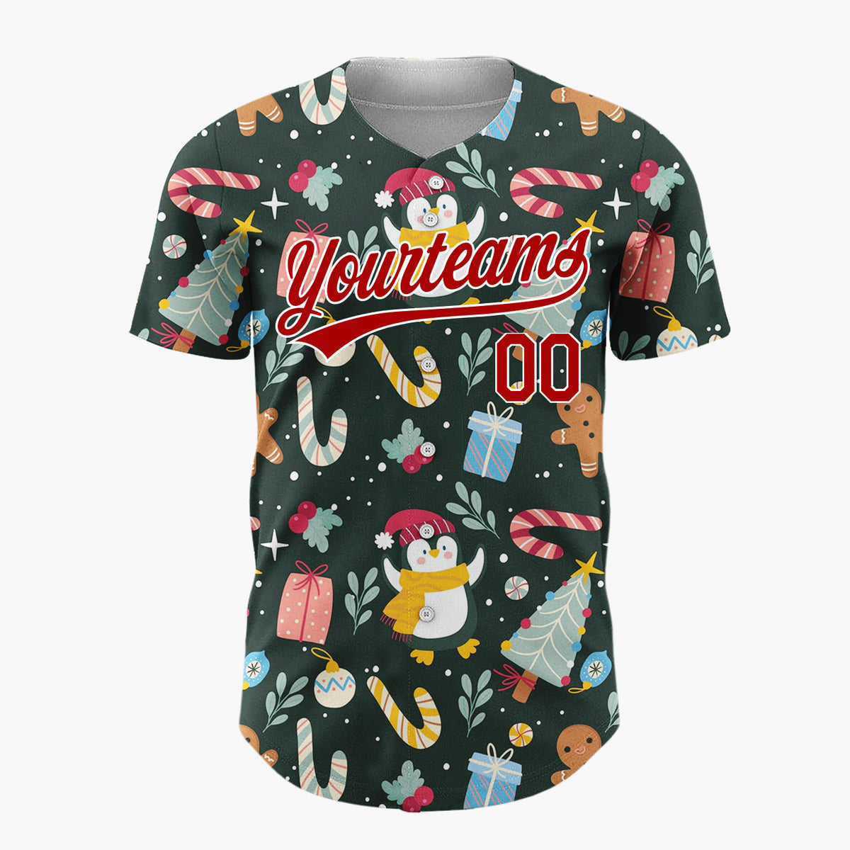 Custom Dark Green Penguins Trees And Candy Canes Cute Christmas Baseball Jersey