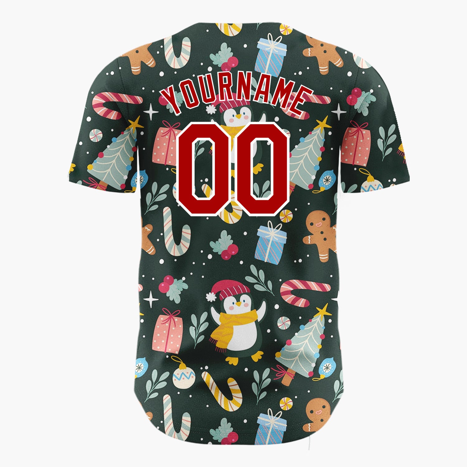 Custom Dark Green Penguins Trees And Candy Canes Cute Christmas Baseball Jersey