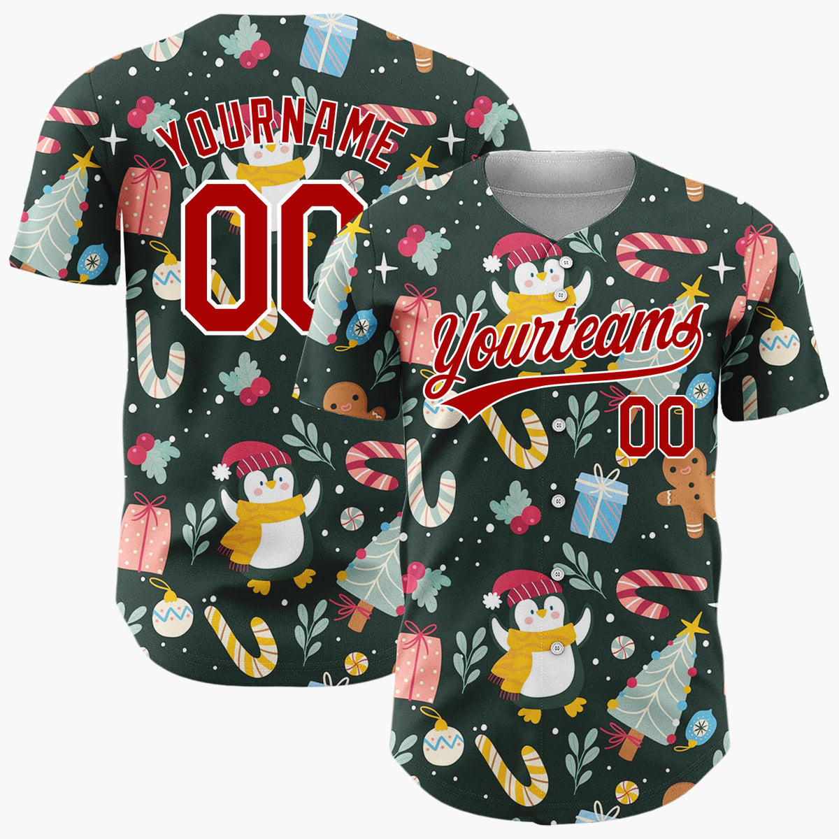 Custom Dark Green Penguins Trees And Candy Canes Cute Christmas Baseball Jersey