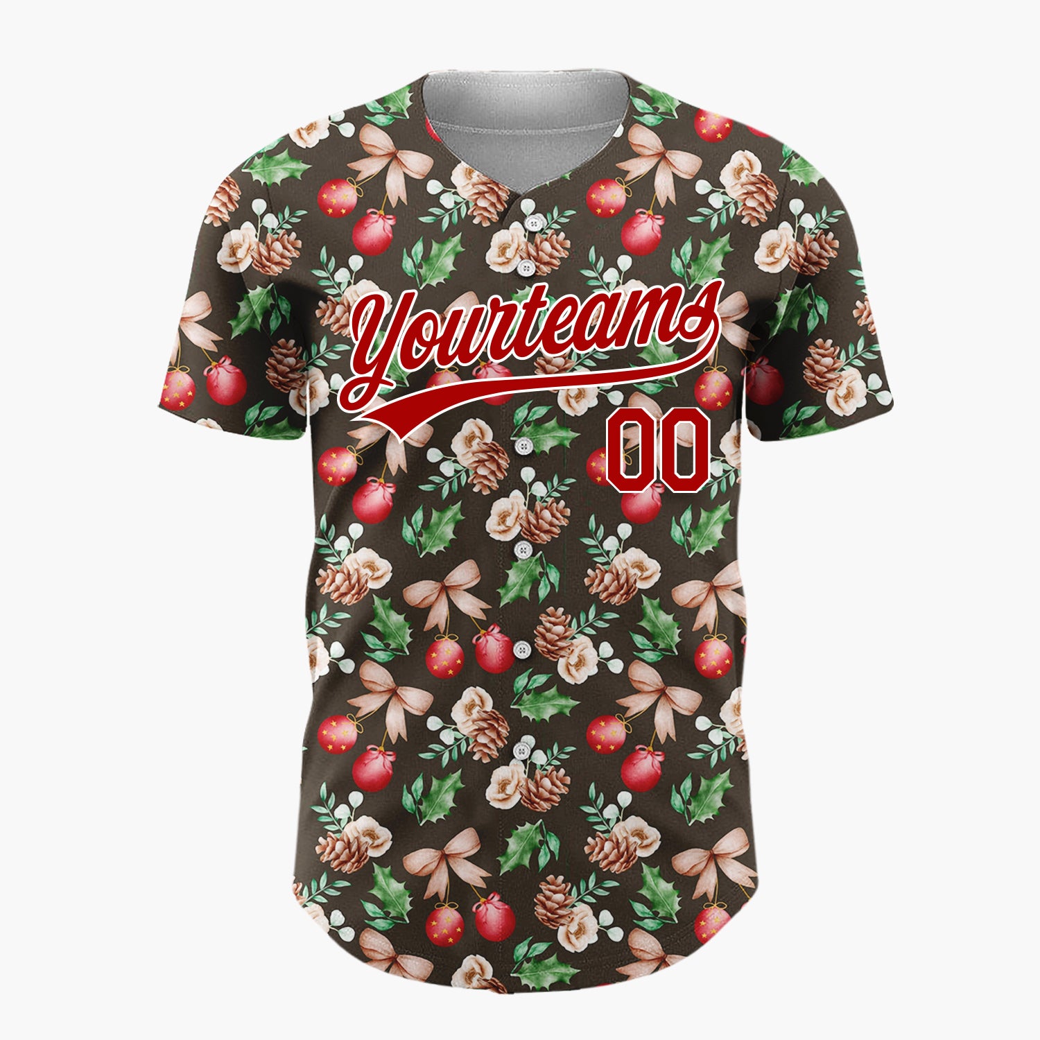 Custom Dark Brown Red Green Watercolor Botanical Christmas Baseball Jersey