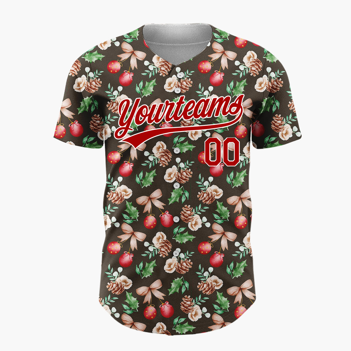 Custom Dark Brown Red Green Watercolor Botanical Christmas Baseball Jersey