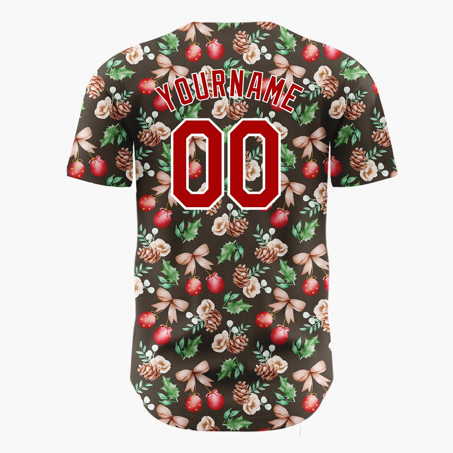 Custom Dark Brown Red Green Watercolor Botanical Christmas Baseball Jersey