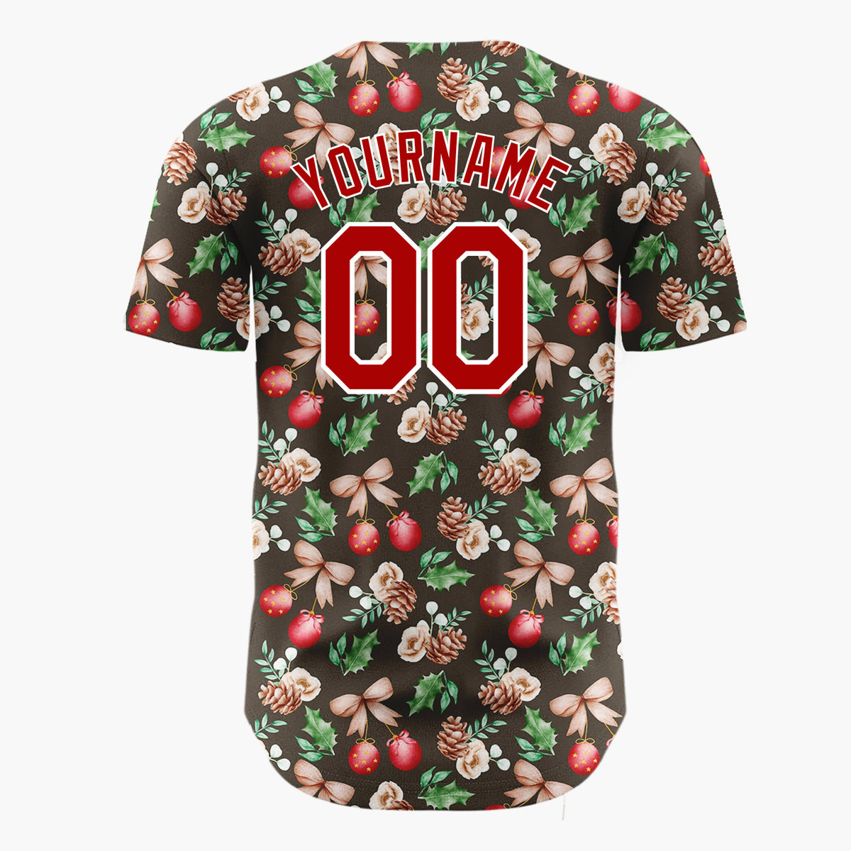Custom Dark Brown Red Green Watercolor Botanical Christmas Baseball Jersey