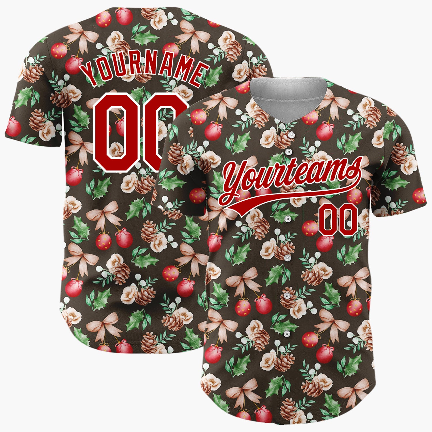Custom Dark Brown Red Green Watercolor Botanical Christmas Baseball Jersey