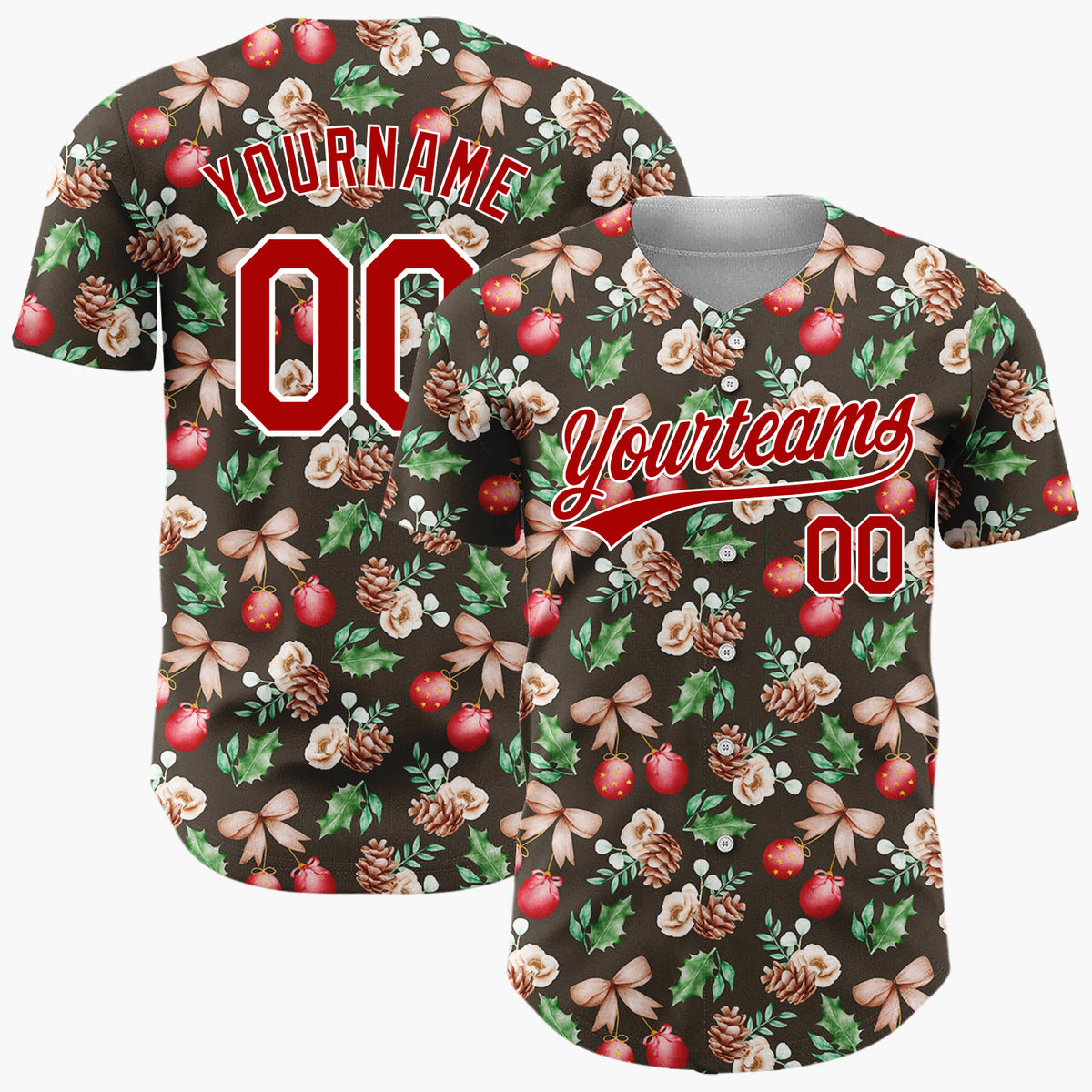 Custom Dark Brown Red Green Watercolor Botanical Christmas Baseball Jersey