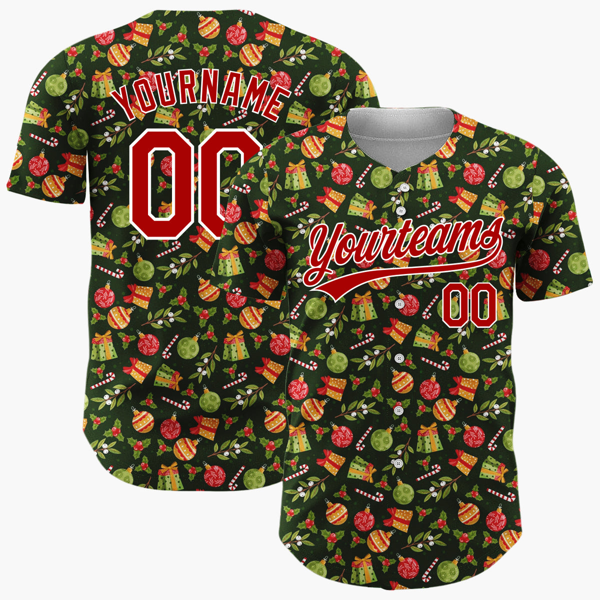 Custom Dark Green Orange Gifts Ornaments And Holly Leaves Classic Christmas Baseball Jersey